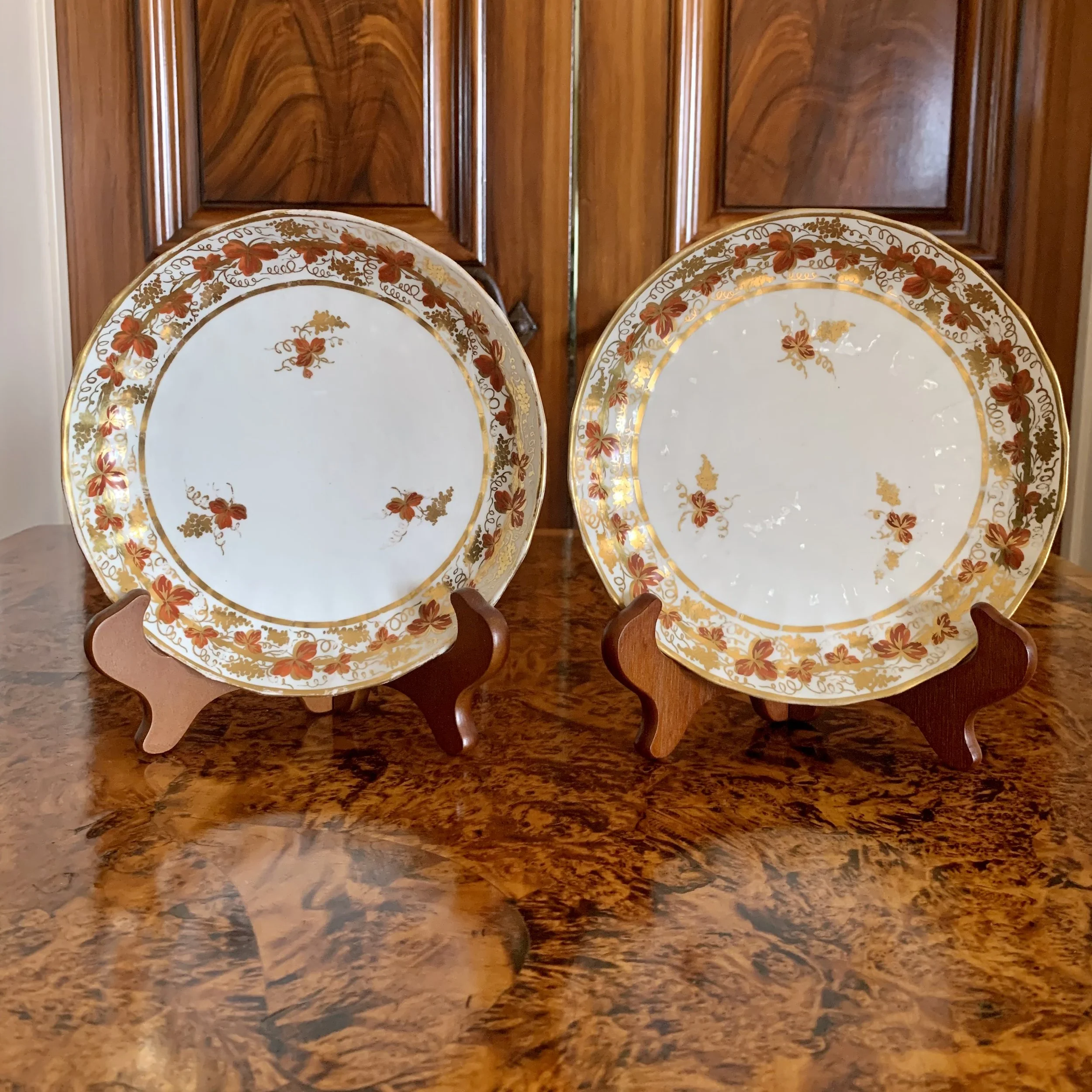 Pair English Derby orange gilt Grape Vine Porcelain Plates