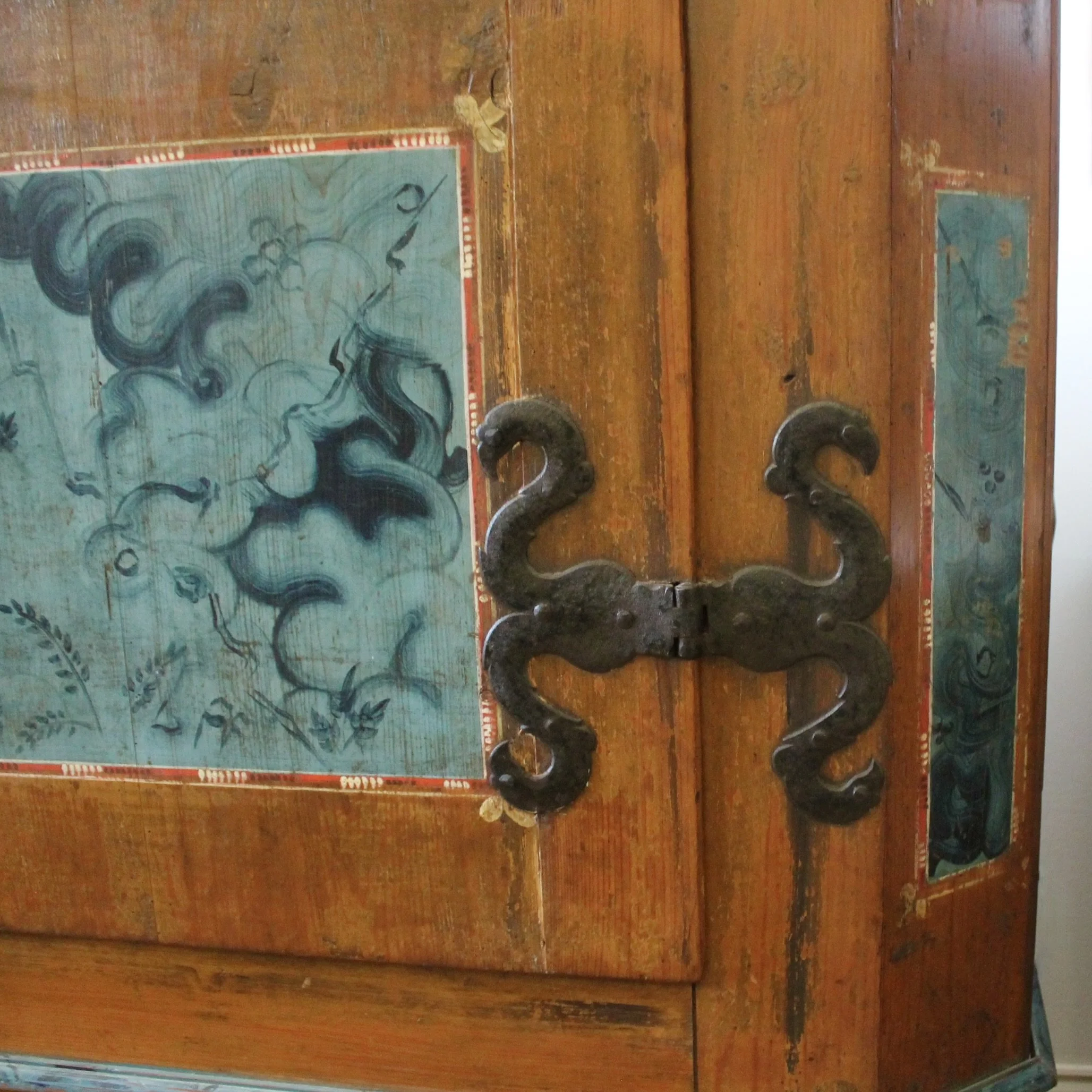 Swedish Antique Painted Armoire Cabinet in Turquoise and Ochre