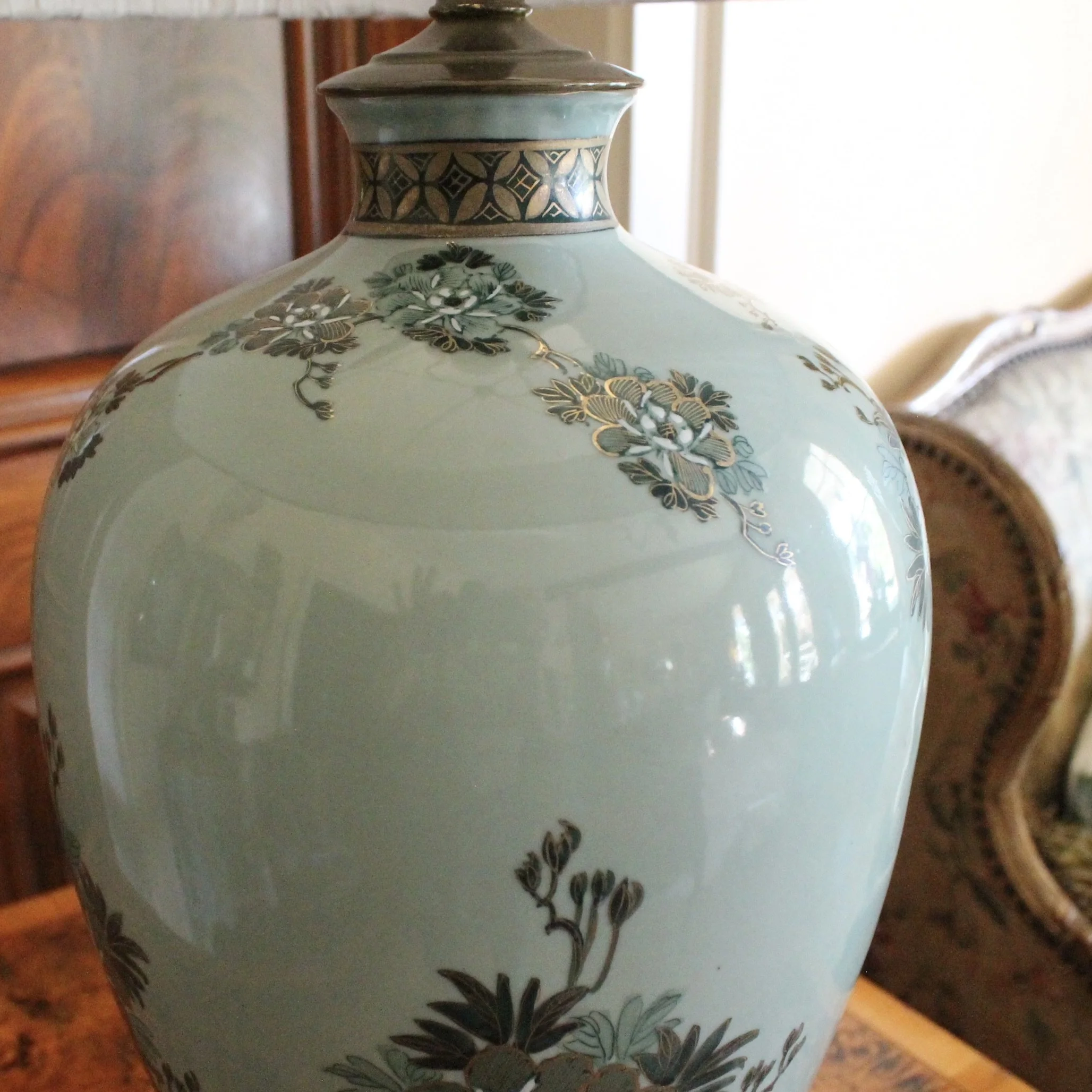 Japanese Satsuma celadon Peacock Lamp