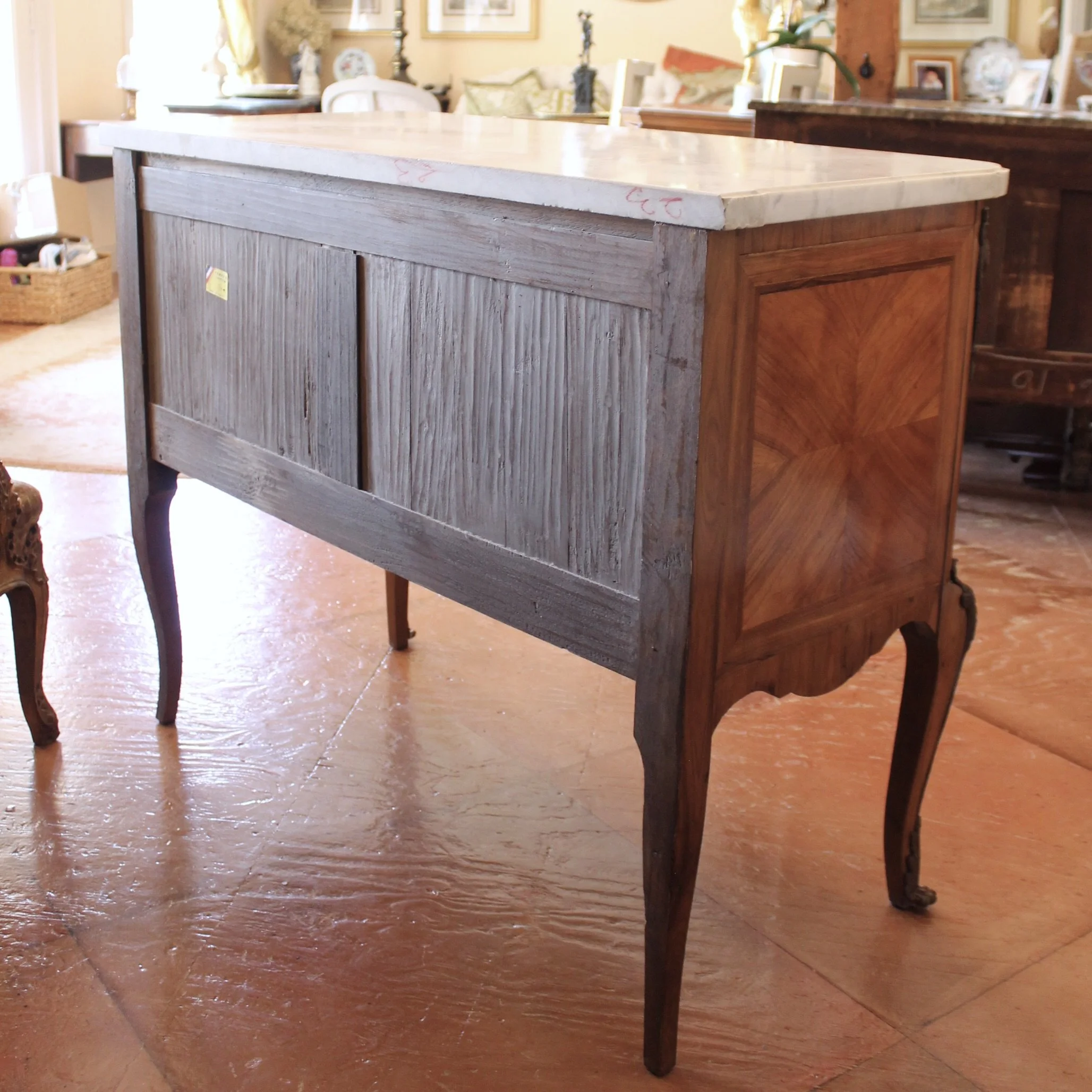 French Transitional Marquetry Commode With Marble Top