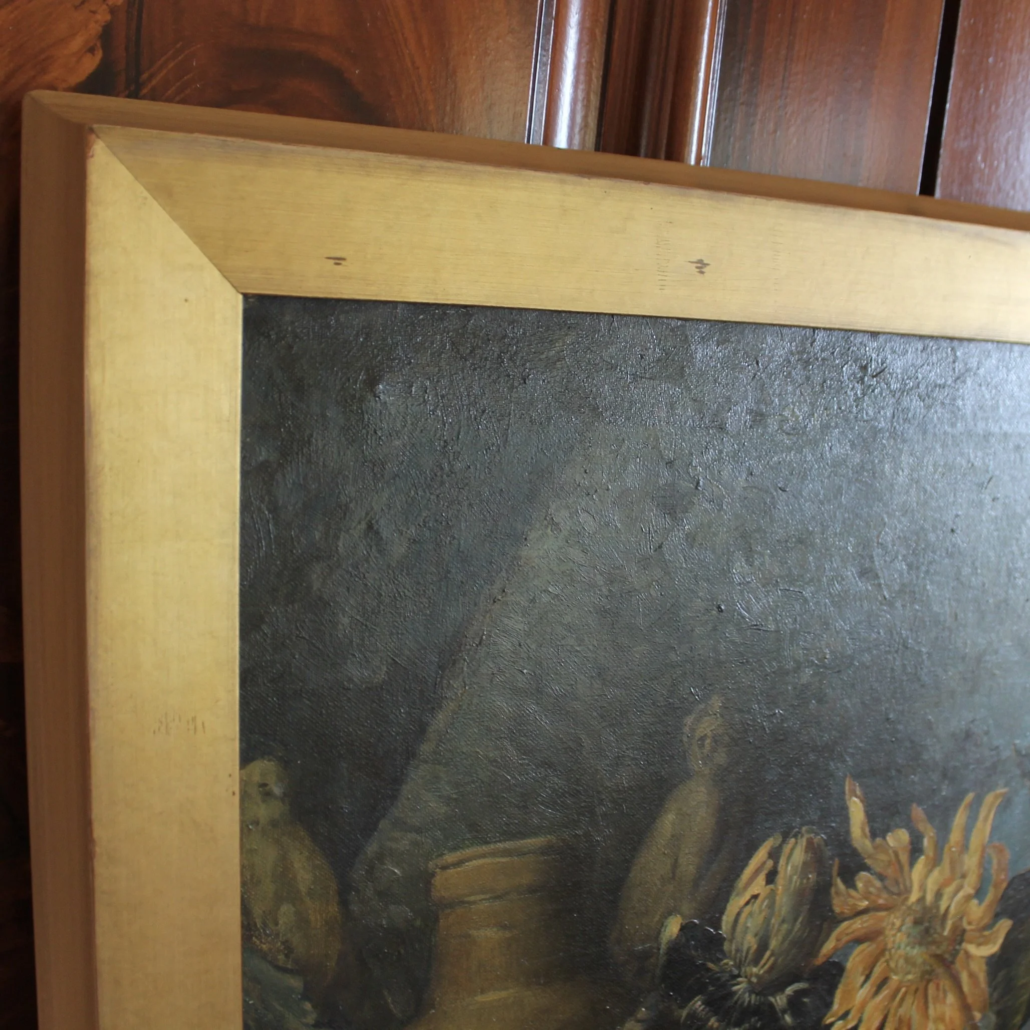 Still Life Oil on Canvas Painting: Flowers and Fruit