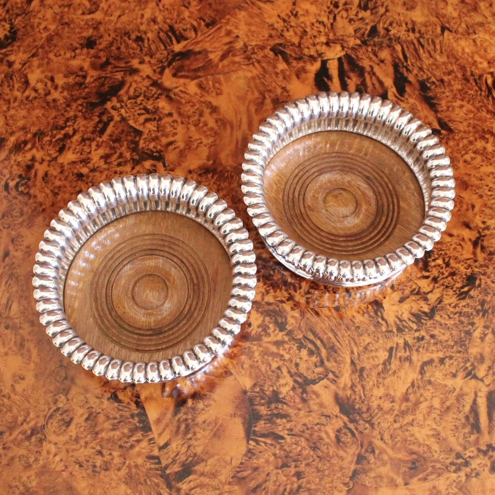 English Silver Plate Lotus Flower Wine Bottle Coasters, pair