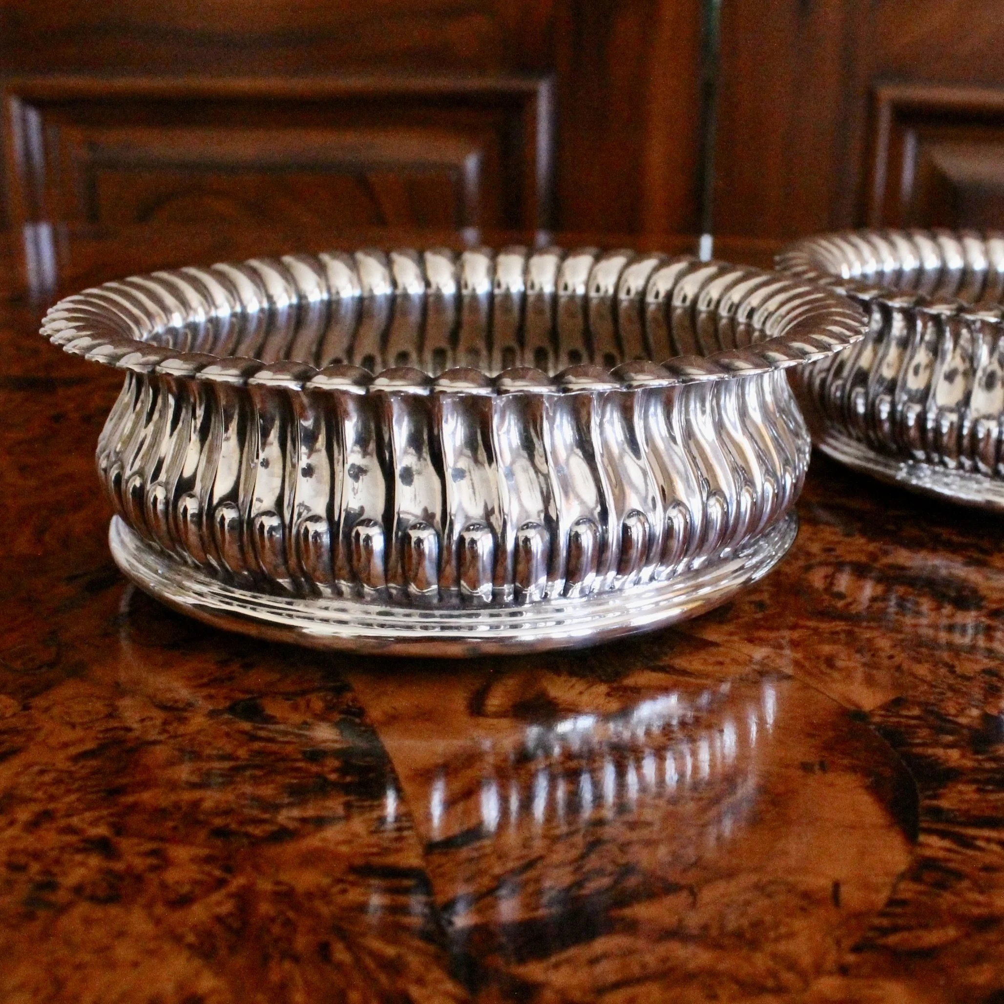 English Silver Plate Lotus Flower Wine Bottle Coasters, pair