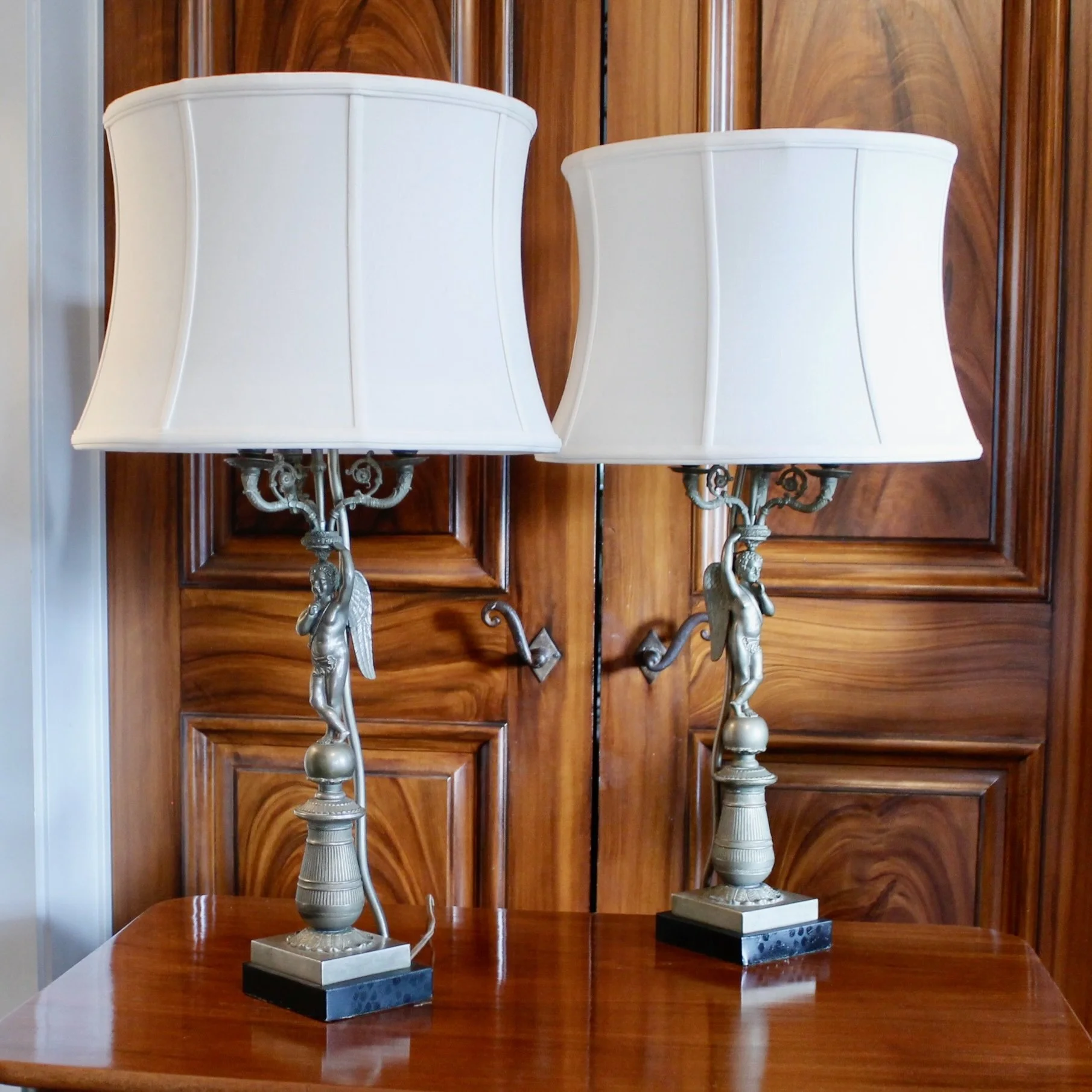 Pair Continental Pewter Winged Putto Figural Candelabra Lamps