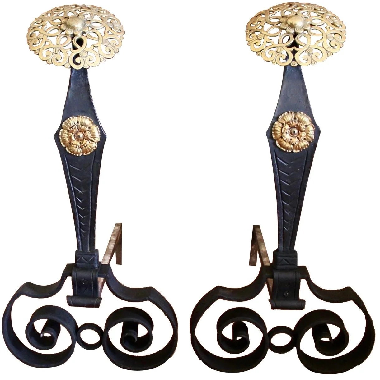 Large Arts and Crafts Wrought Iron Andirons with Brass Medallion Tops