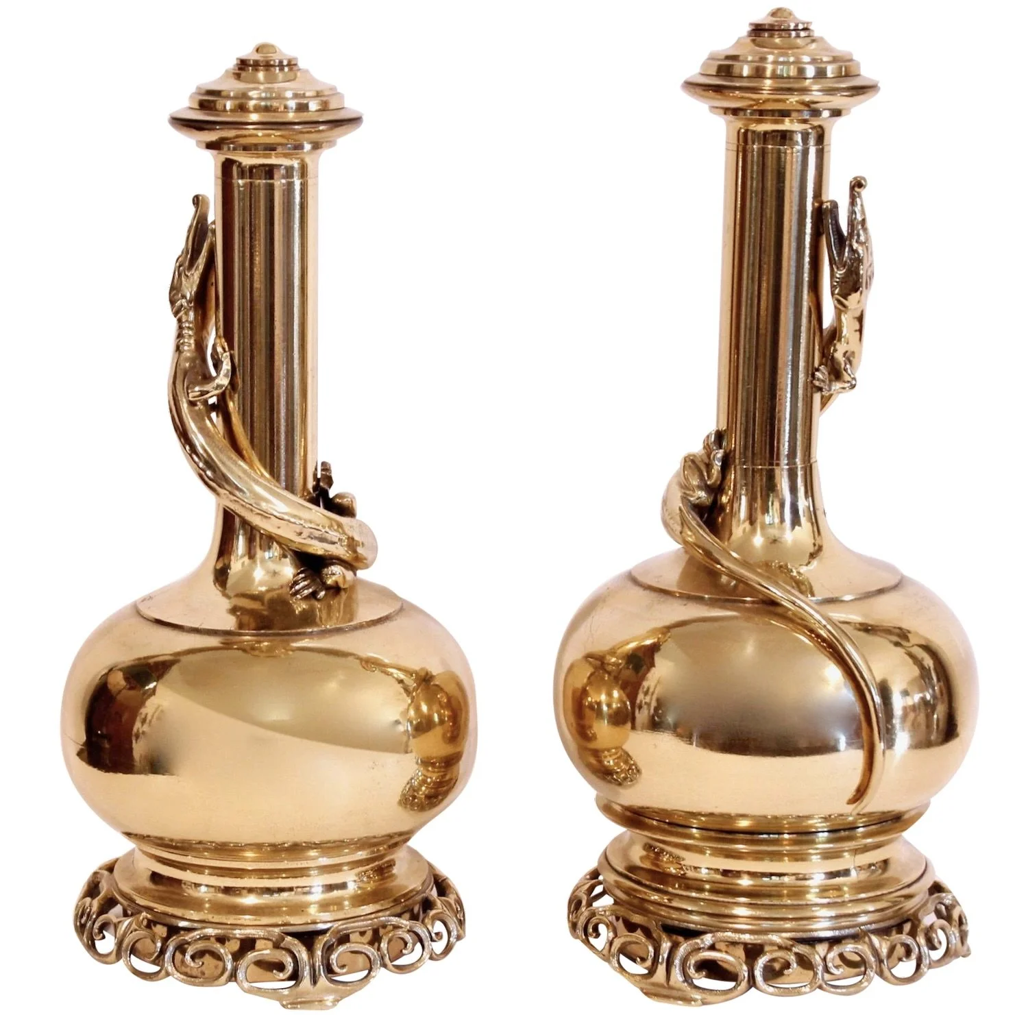 Chinese Polished Brass Gourd Shaped Bottle Vases With Lizards - a Pair