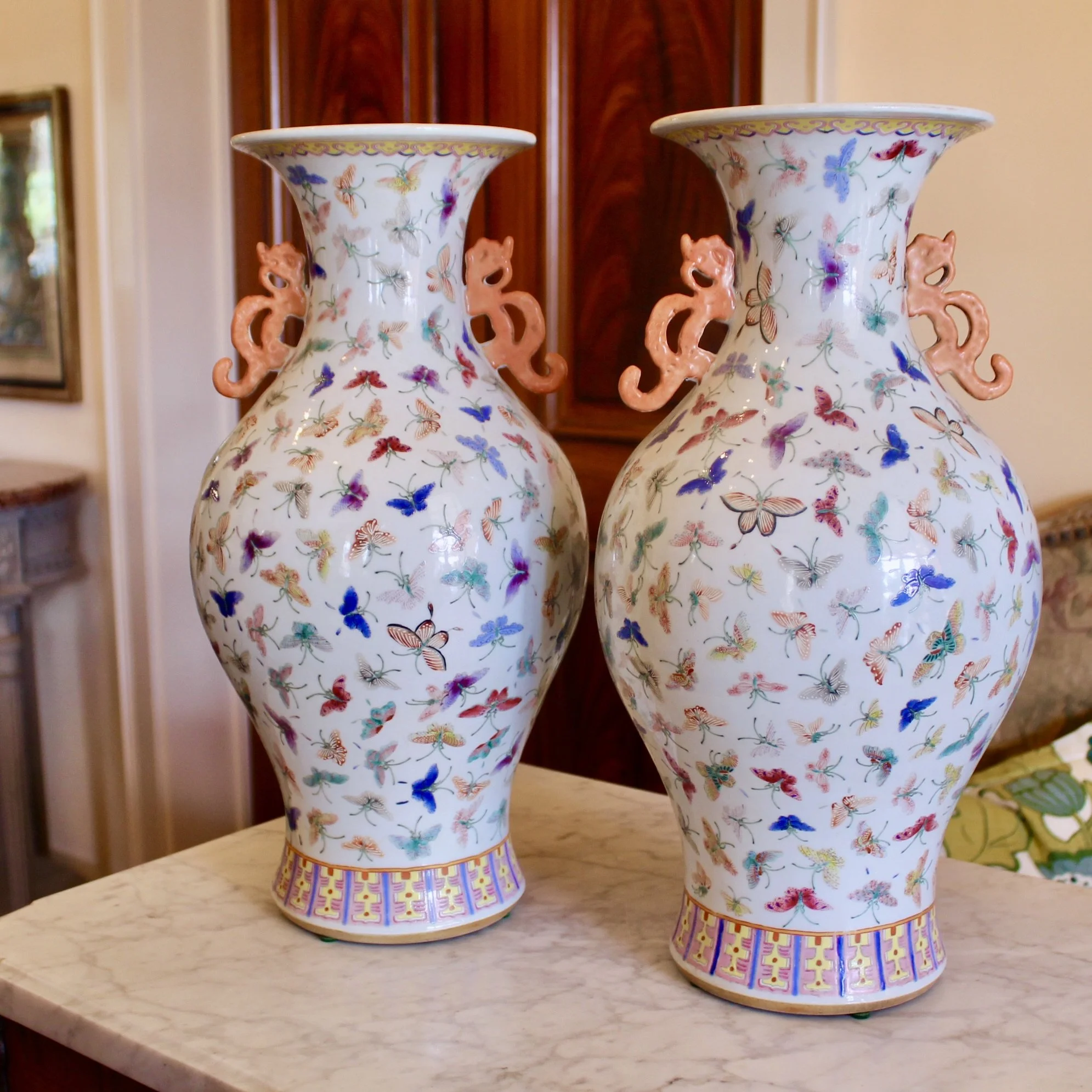 Pair of Large Chinese Thousand Butterfly Pattern Vases