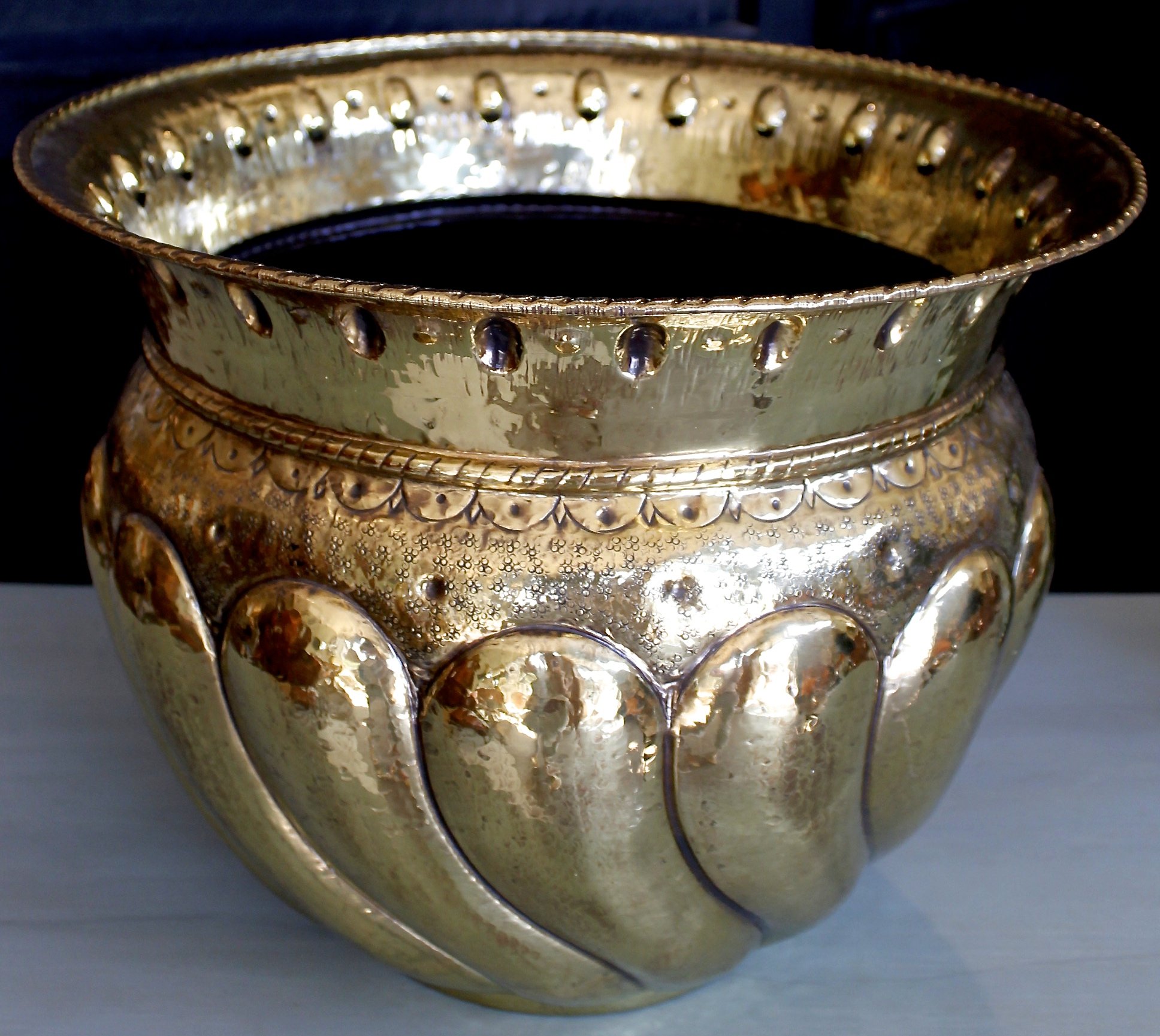 Large Baroque Brass Repousée Cachepot