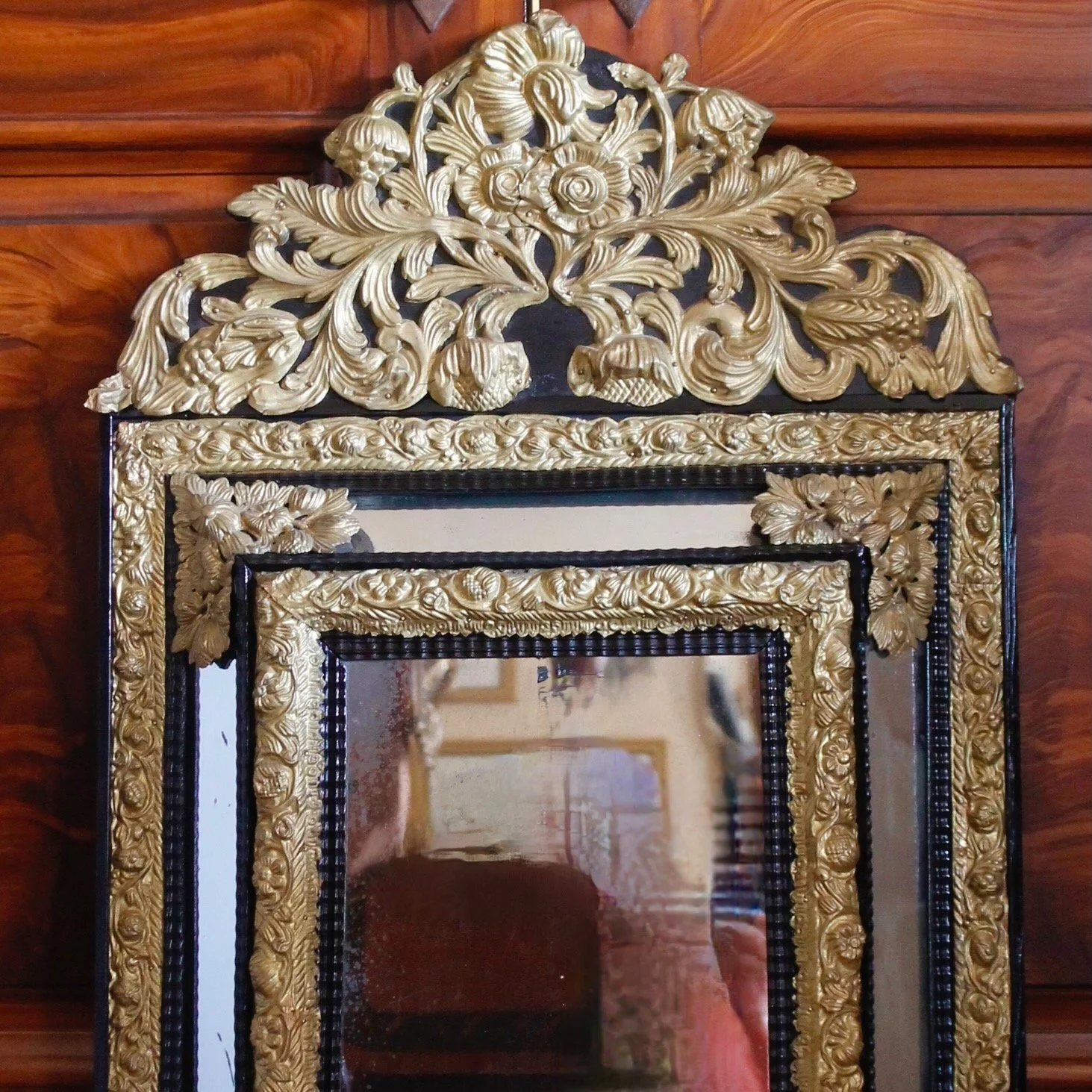 Dutch-Baroque-Style-Cushion-Mirror-With-Gilt-Brass-Repoussé -Mounts (2)-top