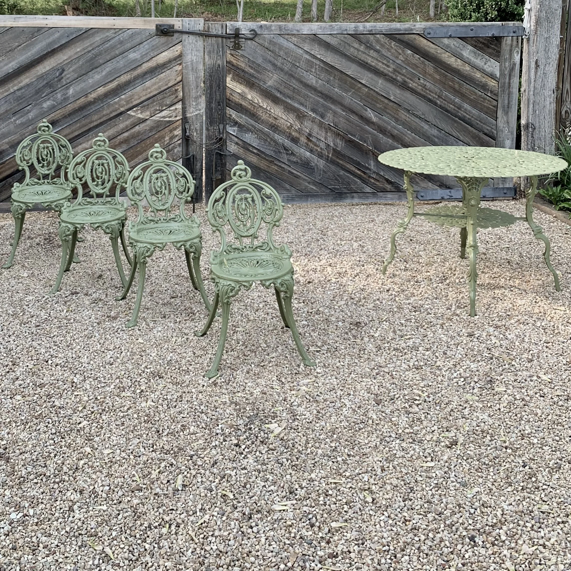 Set of Green Painted Metal Outdoor Garden Furniture: Antique Cameo Pattern, Six Pieces