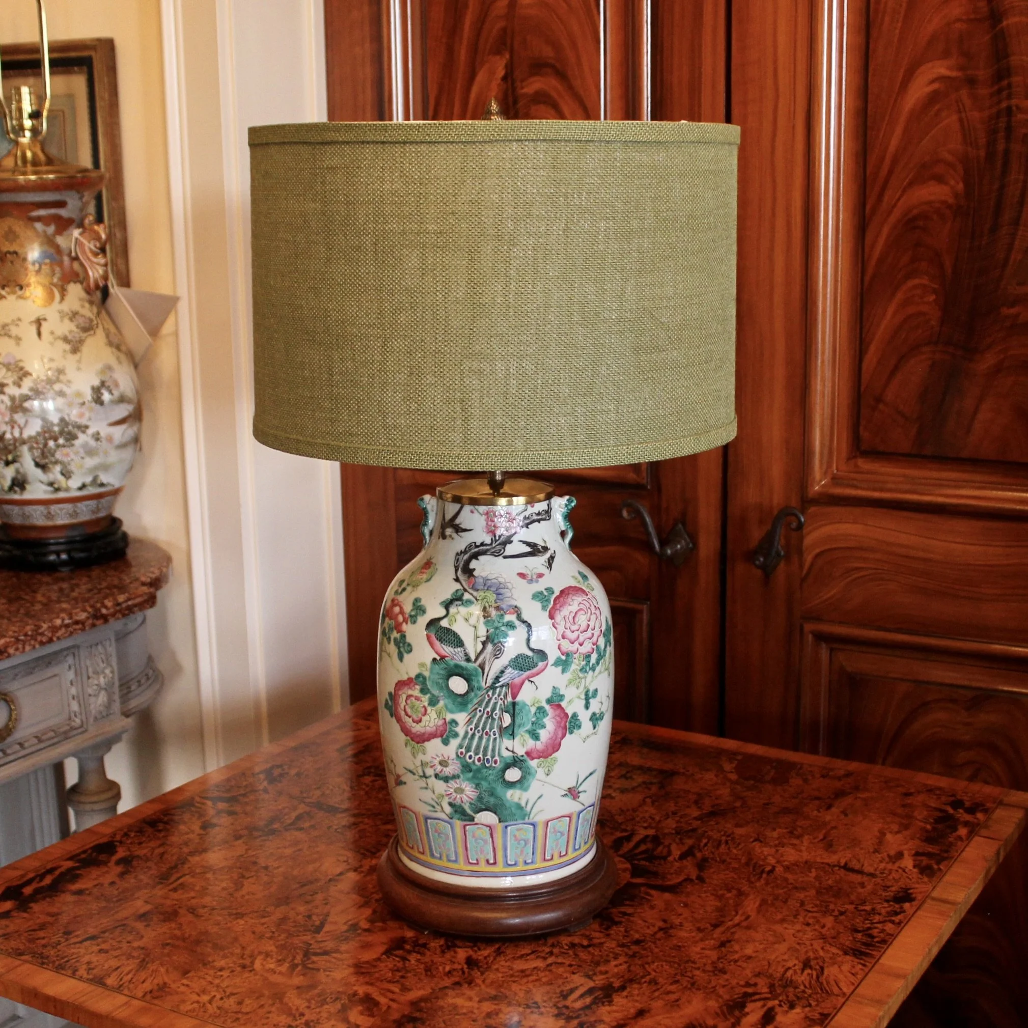 Famille Rose Chinese Porcelain Lamp with Peacocks