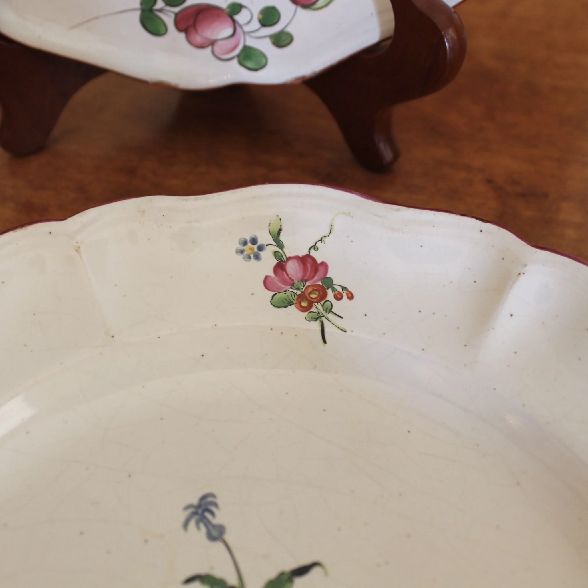 Antique French Faience Plates, Pink Floral