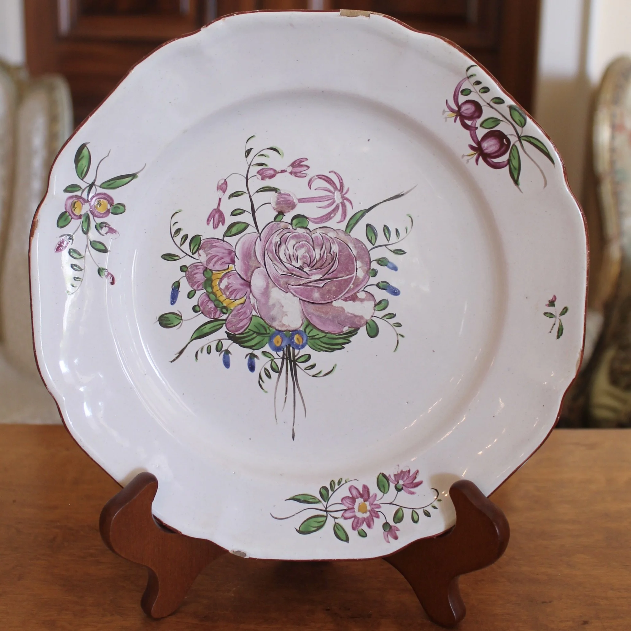 Antique French Faience  Plates, Pink Floral