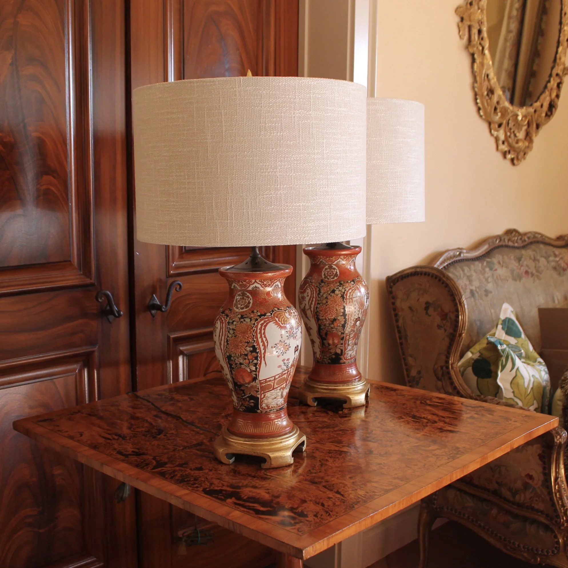 Pair Antique Japanese Kutani Porcelain Vase Lamps