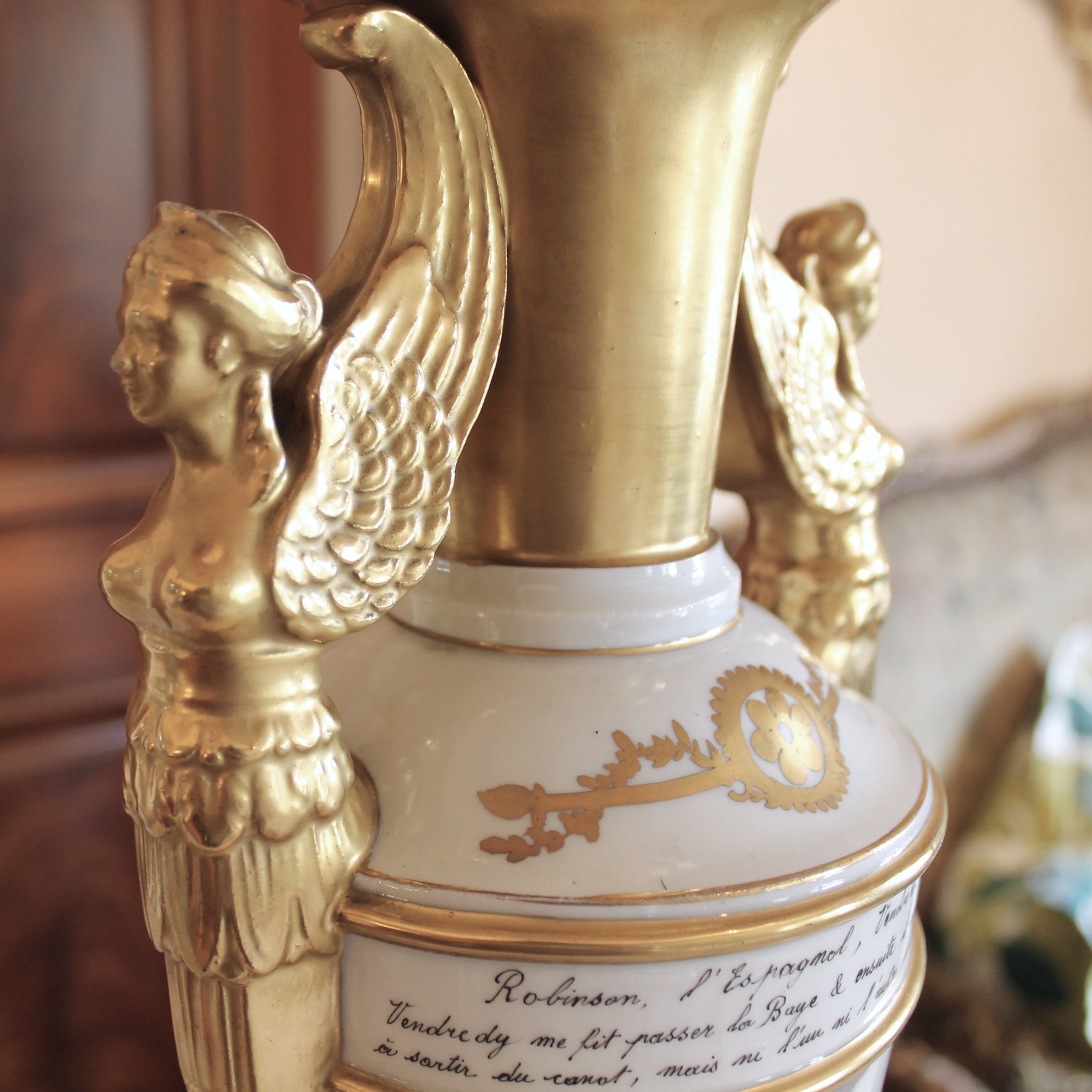 Fine Paris Porcelain Gilt and Grisaille Caryatid Lamp