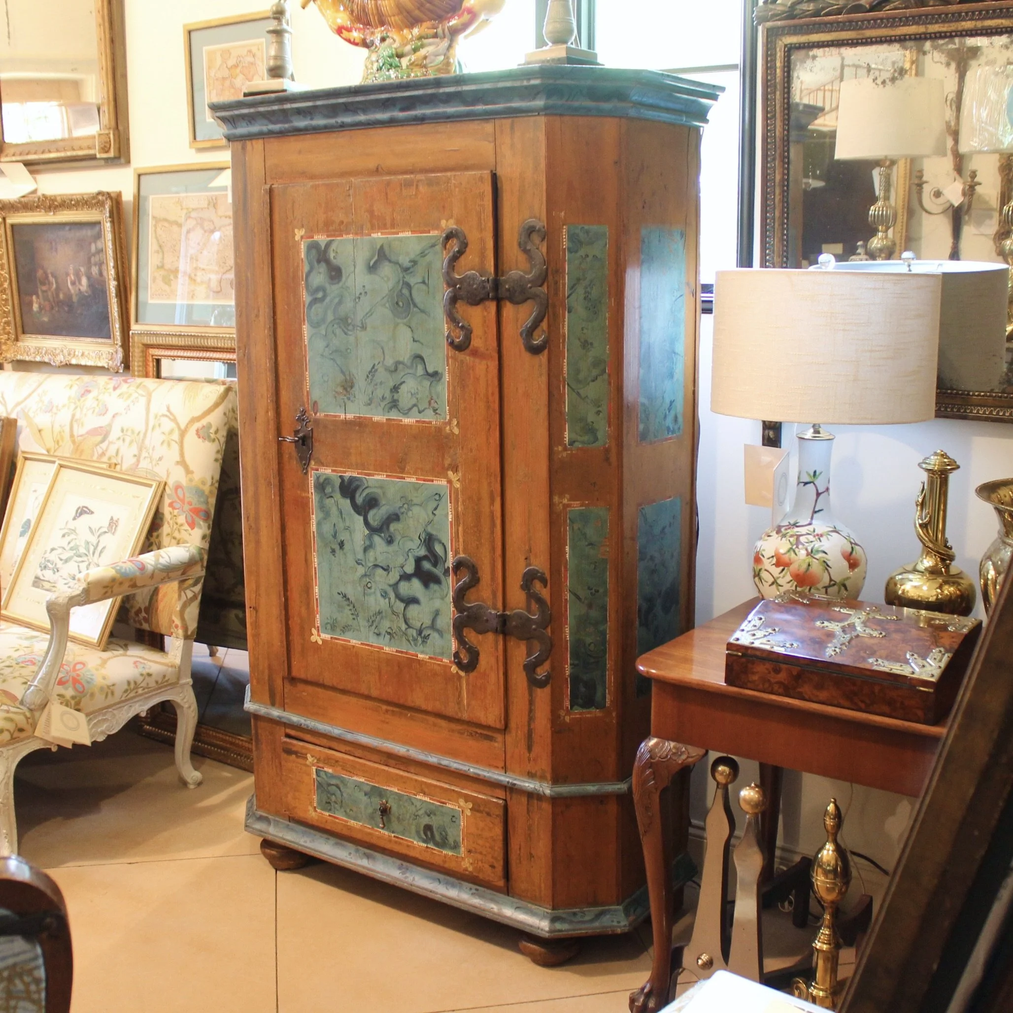 Swedish Antique Painted Armoire Cabinet in Turquoise and Ochre