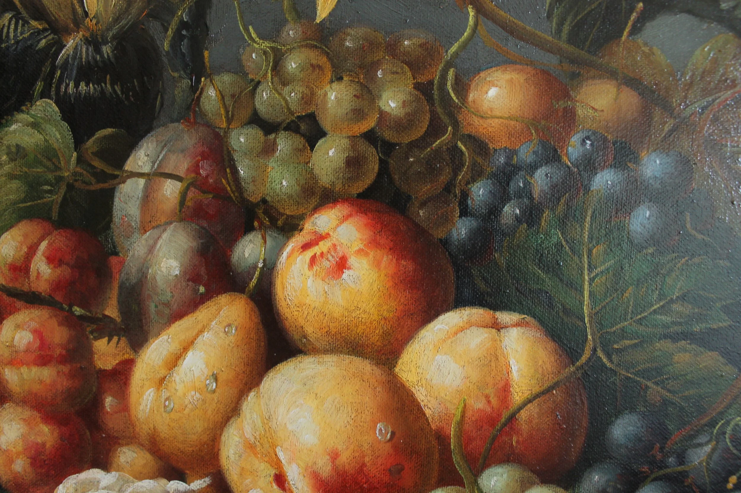 Still Life Oil on Canvas Painting: Flowers and Fruit