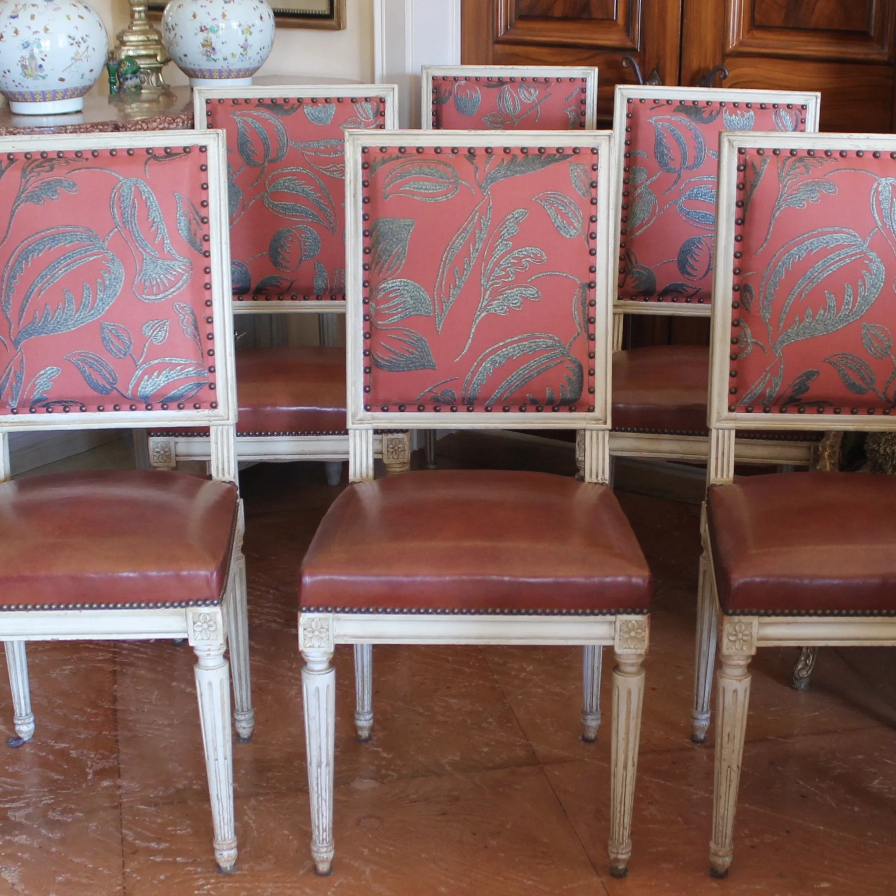 Set of Six French Painted Dining Chairs, Louis XVI Style
