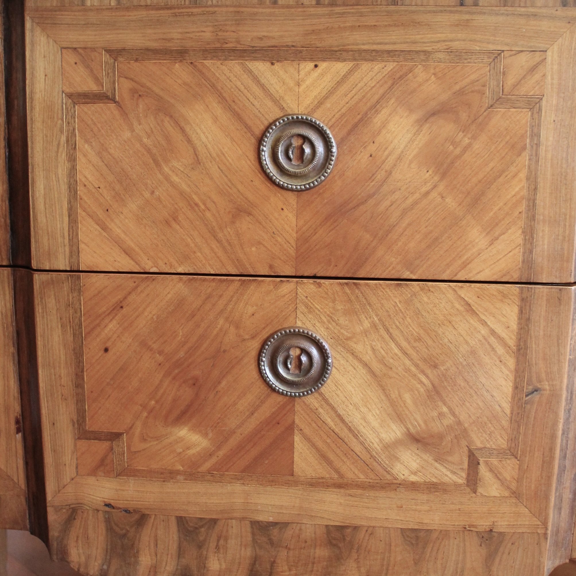 French Transitional Marquetry Commode With Marble Top