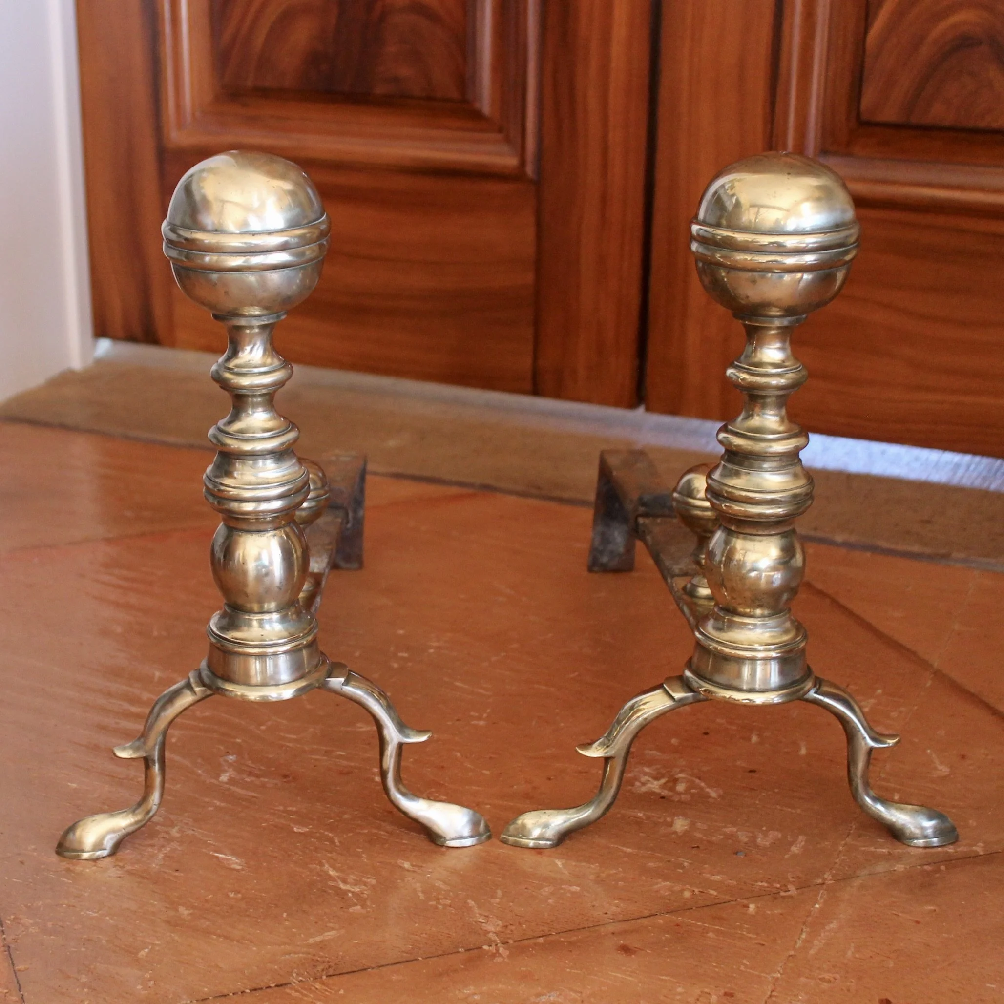 Pair of American Federal Brass Ball Topped Andirons