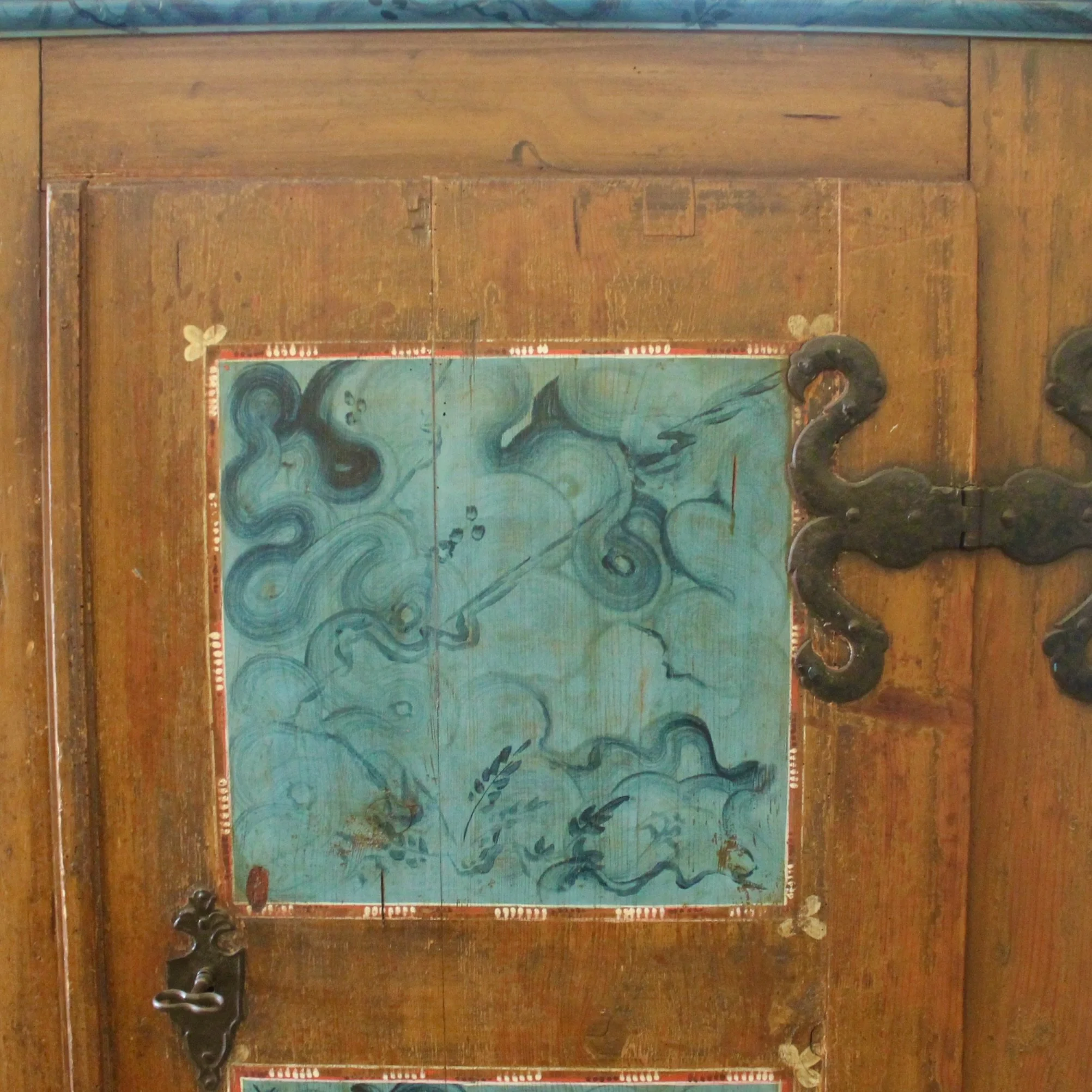 Swedish Antique Painted Armoire Cabinet in Turquoise and Ochre