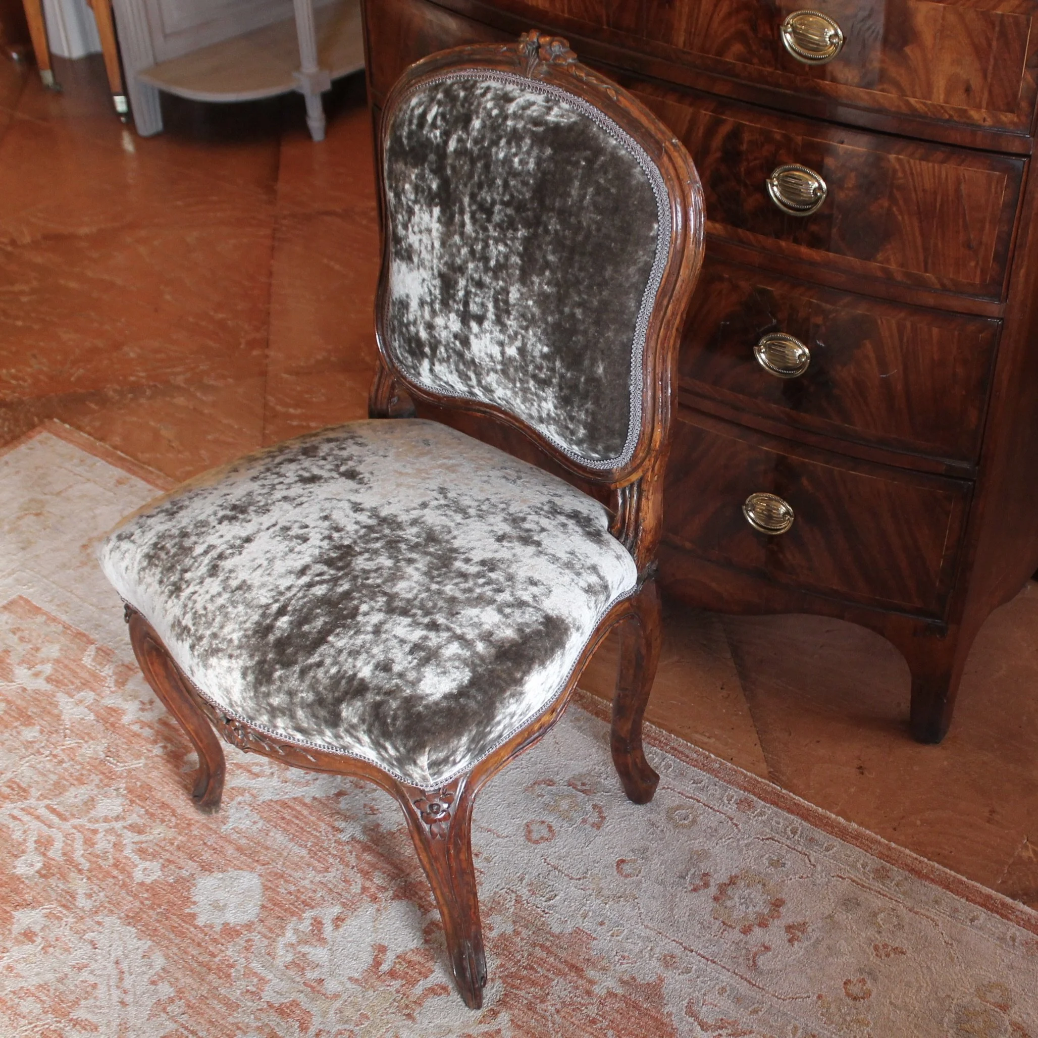 Louis XV Period Slipper Chair, Grey Velvet