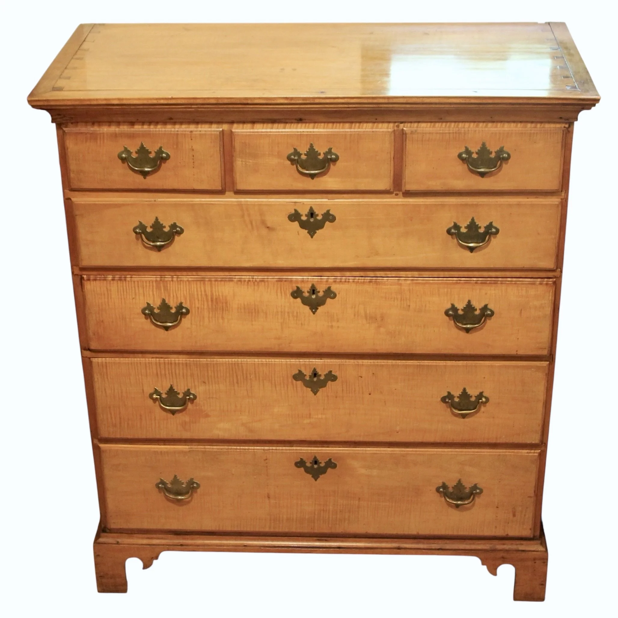 Pair Tall New England Tiger Maple Chippendale Chests of Drawers