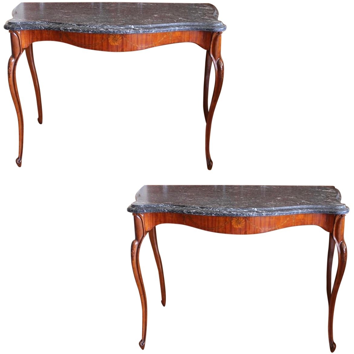 Pair of Edwardian Satinwood Marquetry Console Tables with Marble Tops