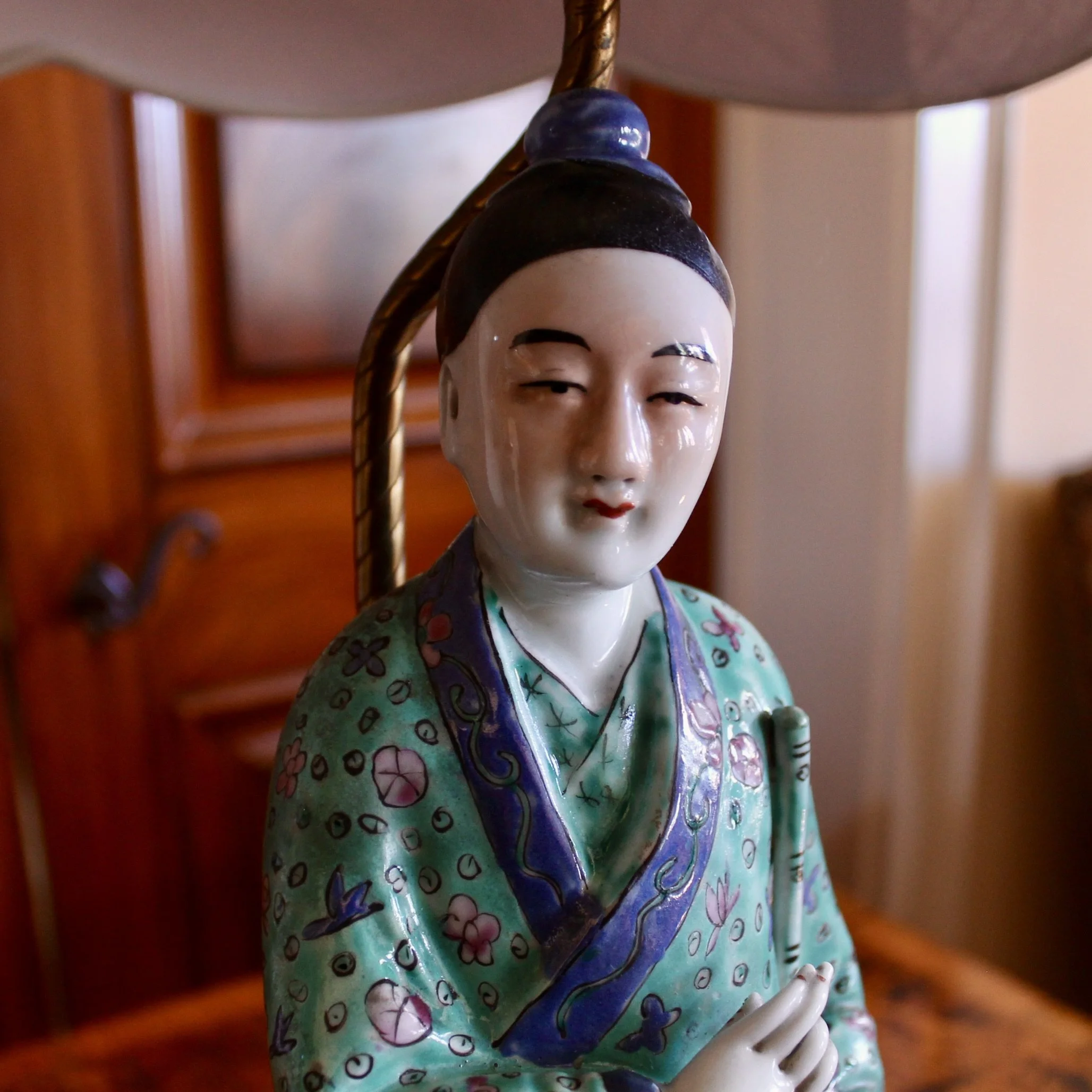 Antique Chinoiserie Porcelain Figure Lamps, Pair