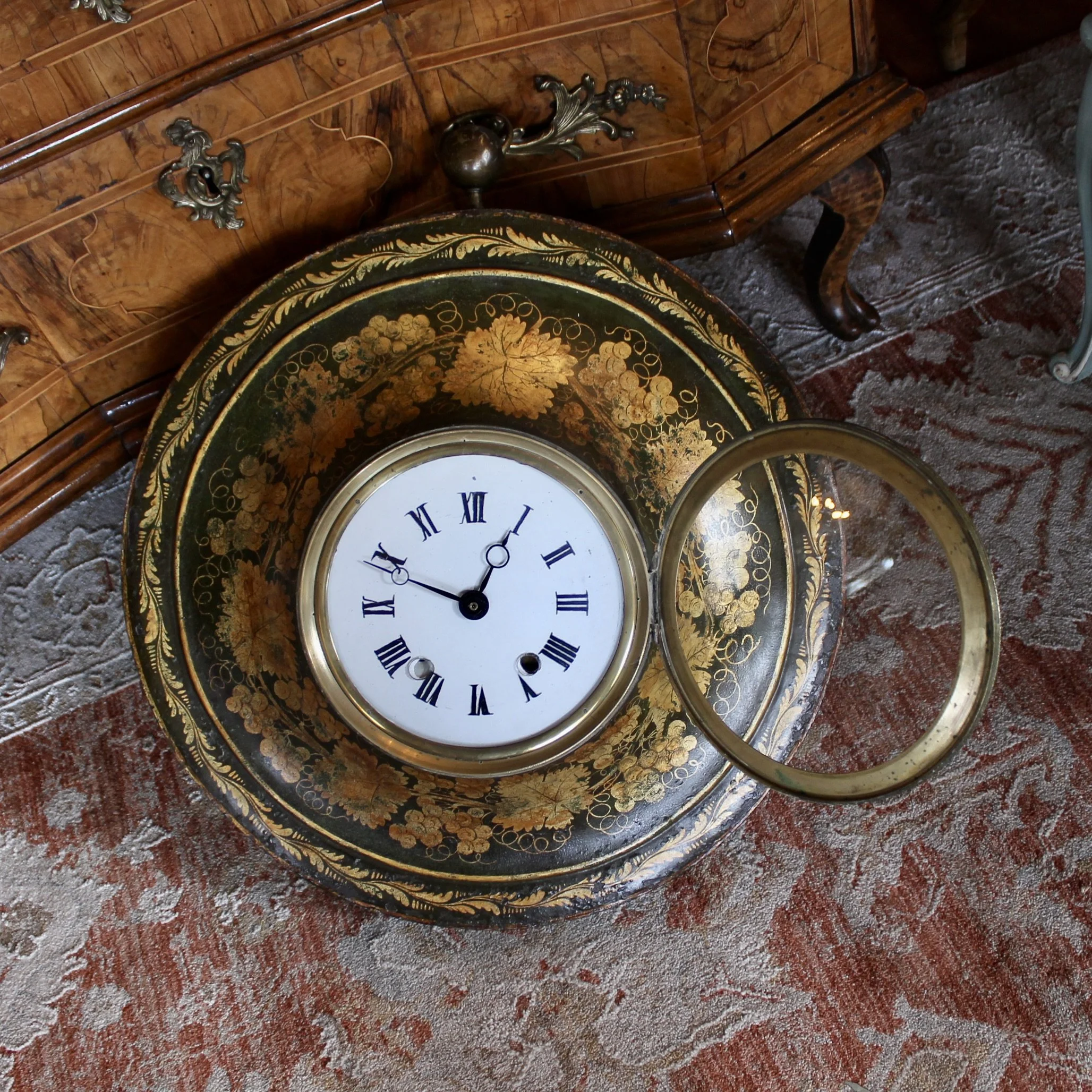 Large French Charles X Painted and Gilded Tôle Clock