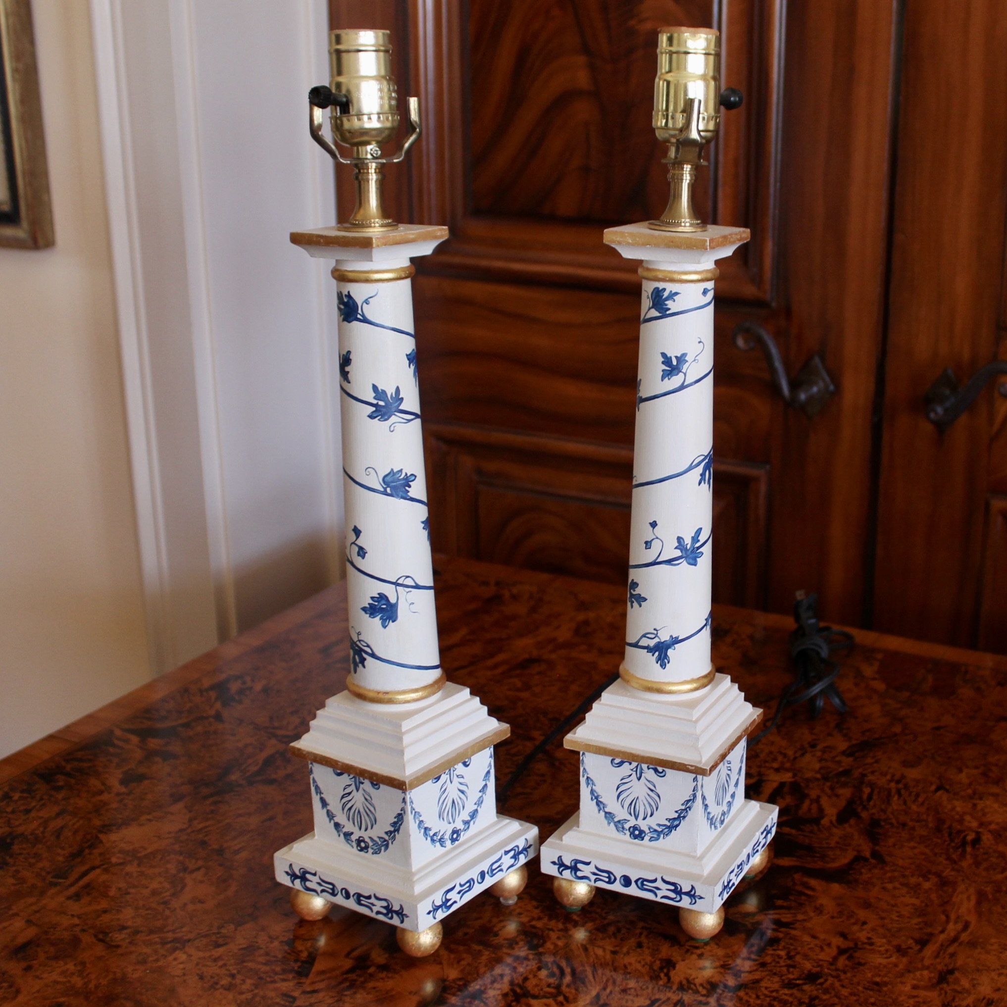 Pair Neoclassical Painted Gilt Lamps