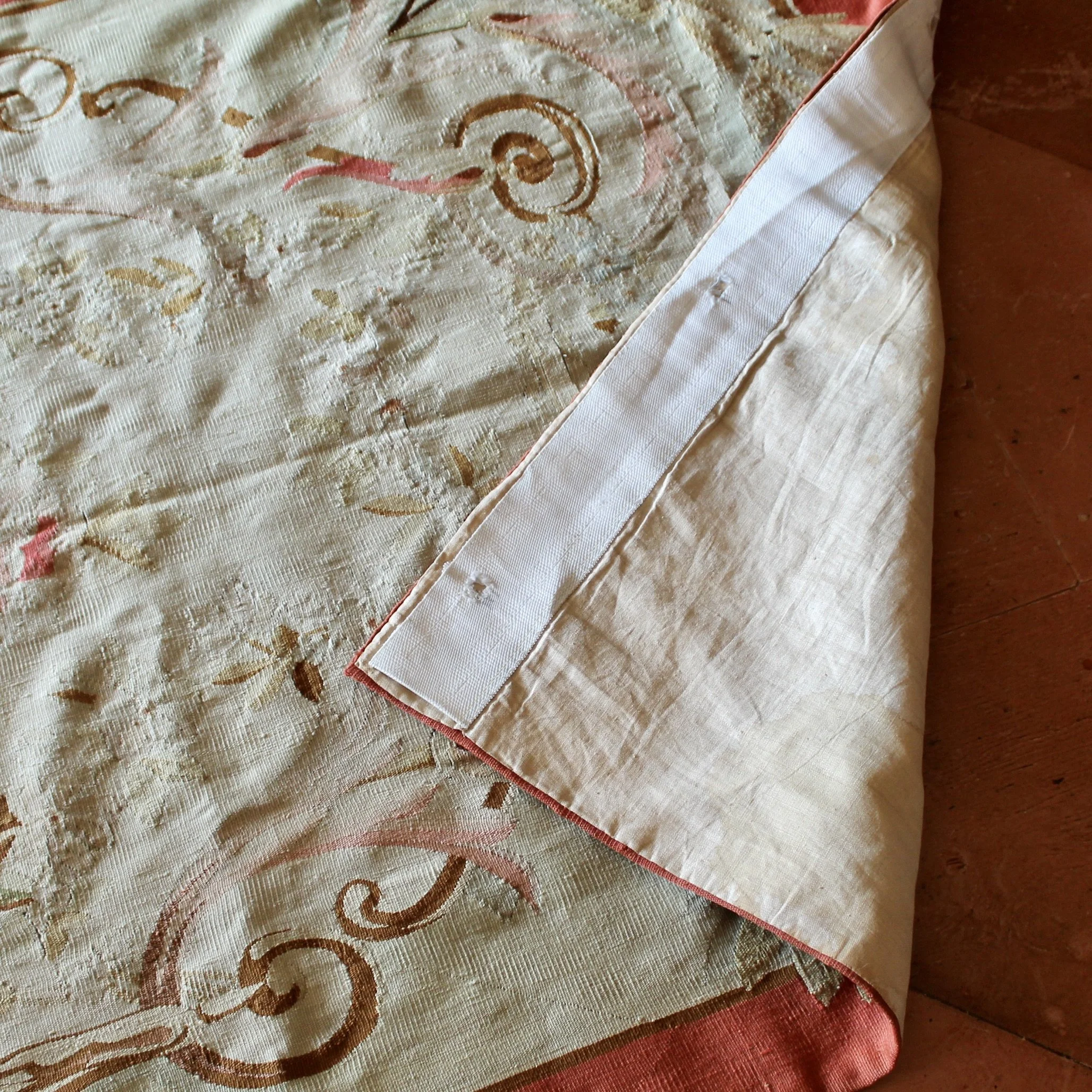 French Aubusson Floral Wall Tapestry in Coral, Rose and Sage Green