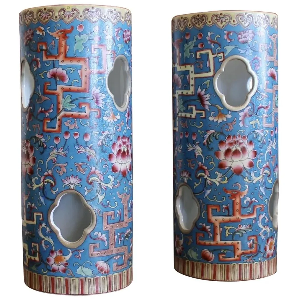 Pair of Cerulean Blue Chinese Porcelain Hat Stand / Wig Stand Vases