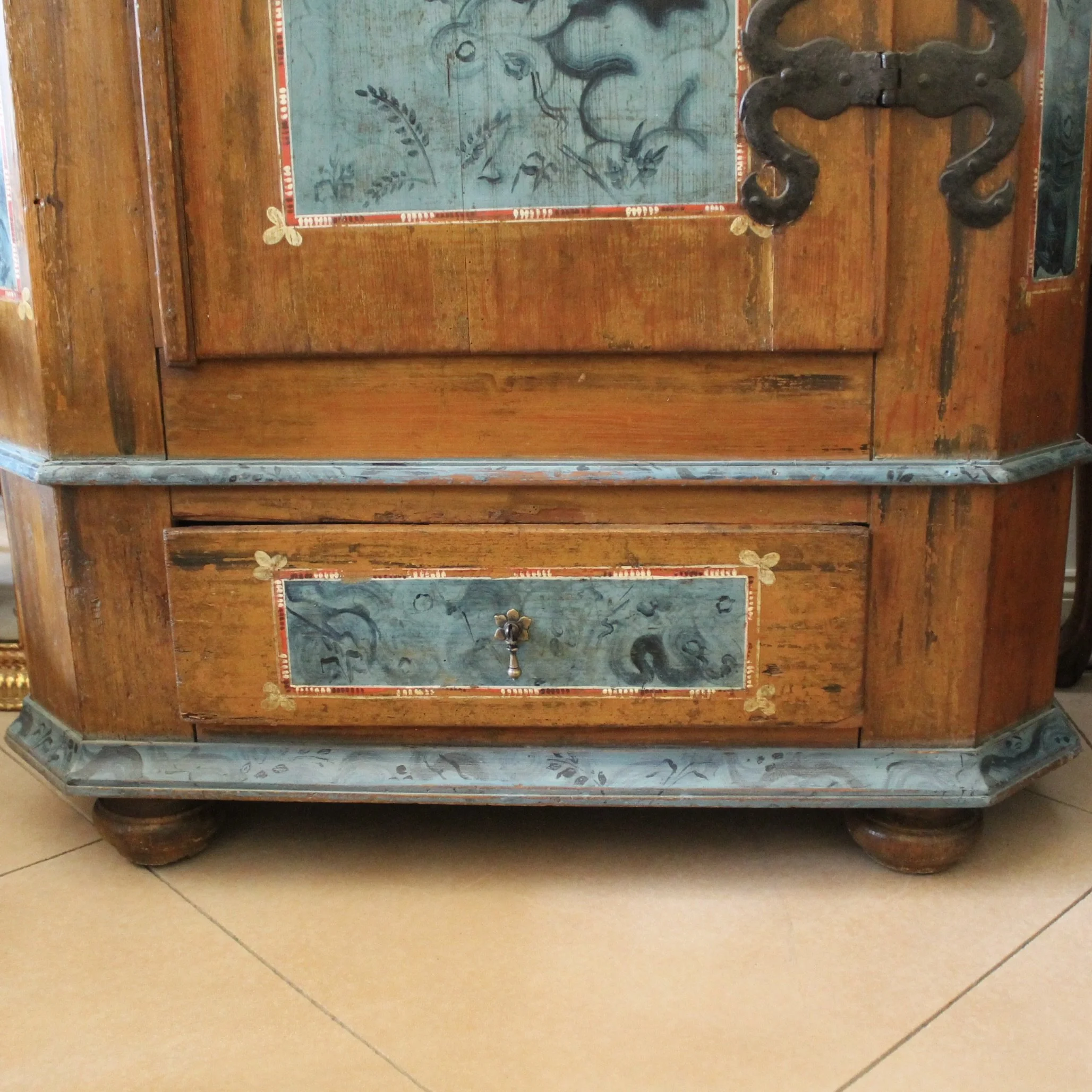 Swedish Antique Painted Armoire Cabinet in Turquoise and Ochre