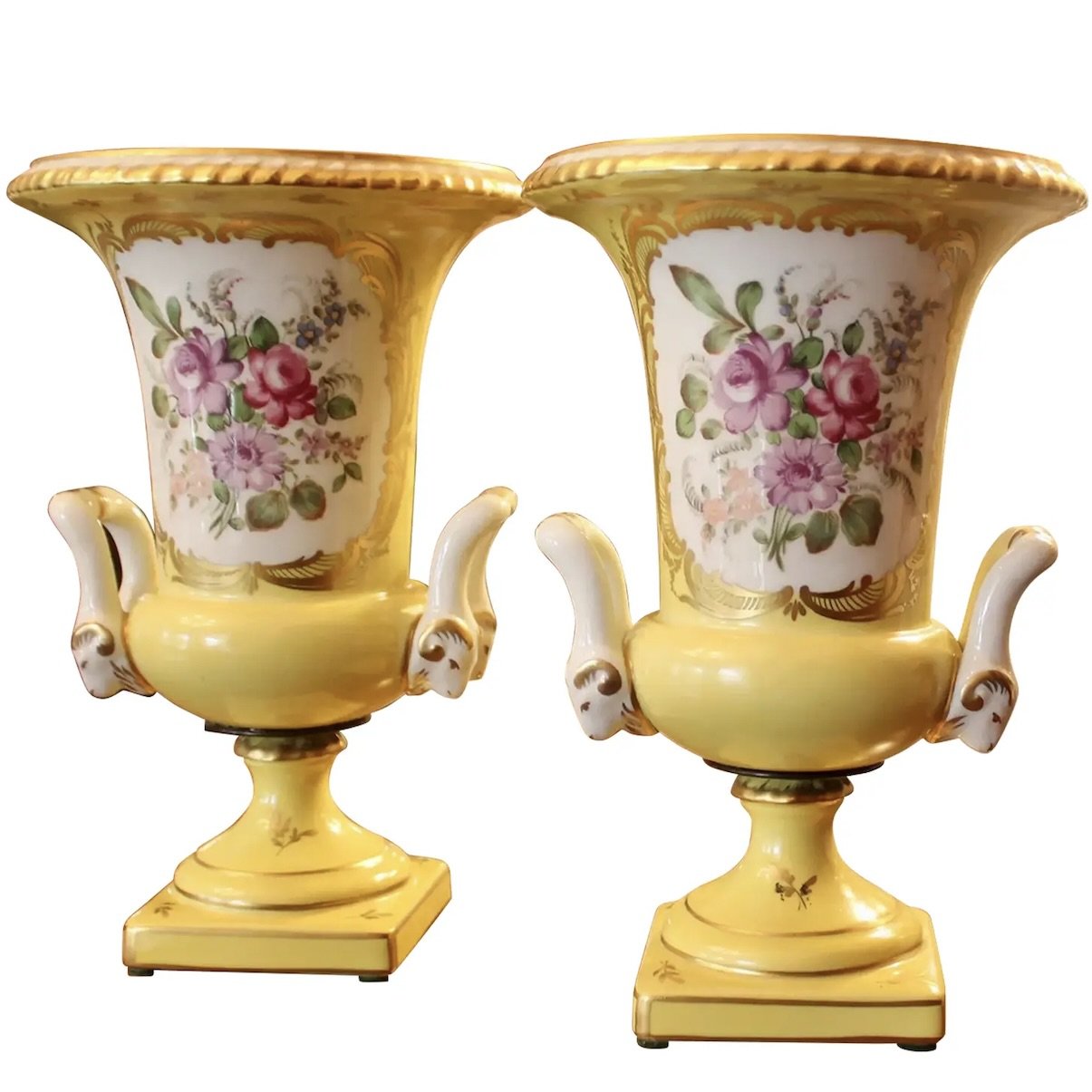 Pair of Paris Porcelain Yellow Glazed and Gilt Urn CACHEPOTS