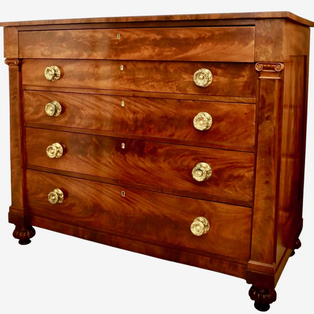 Large American Classical Figured Mahogany Chest of Drawers, 19th Century