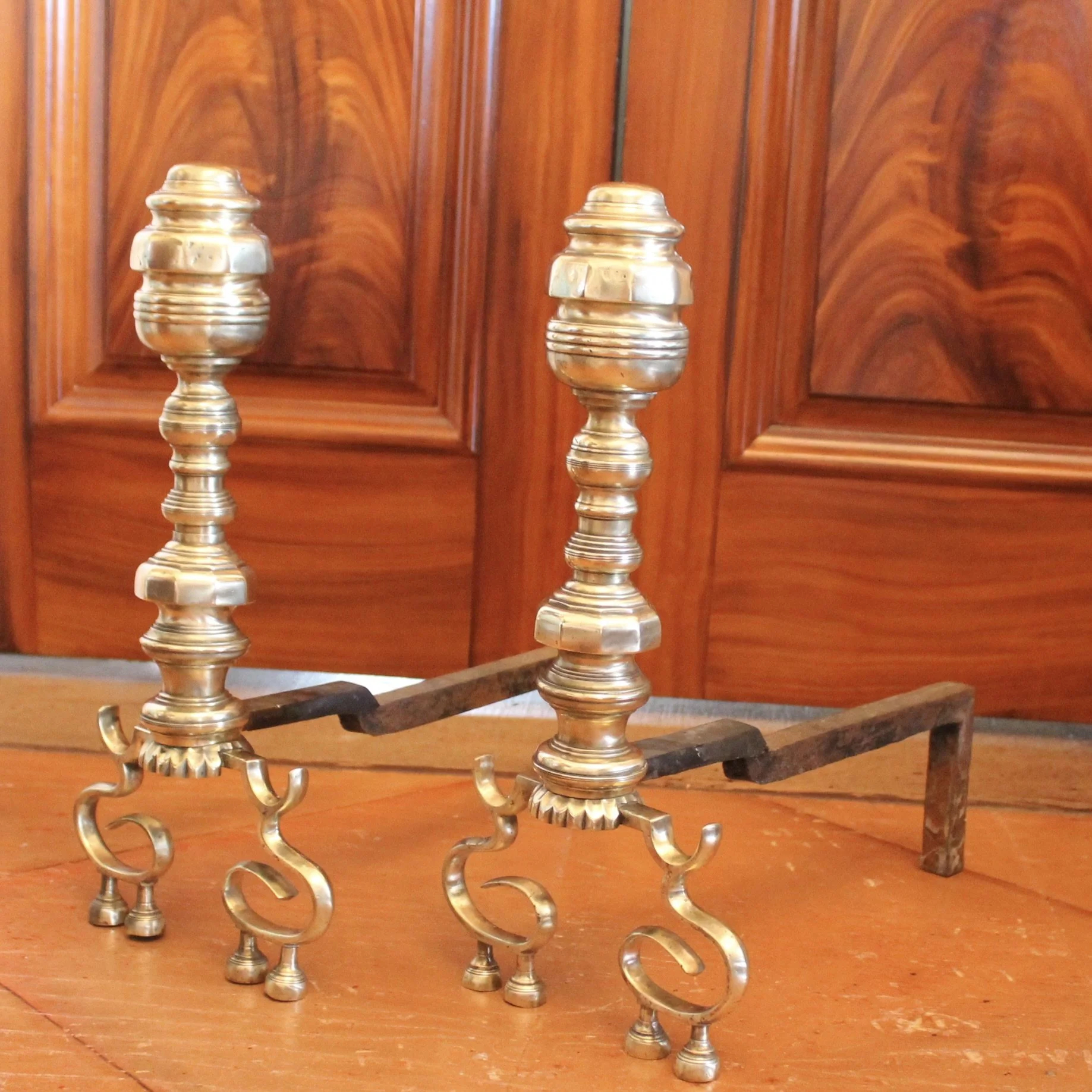 Scroll Footed Antique American Brass Andirons