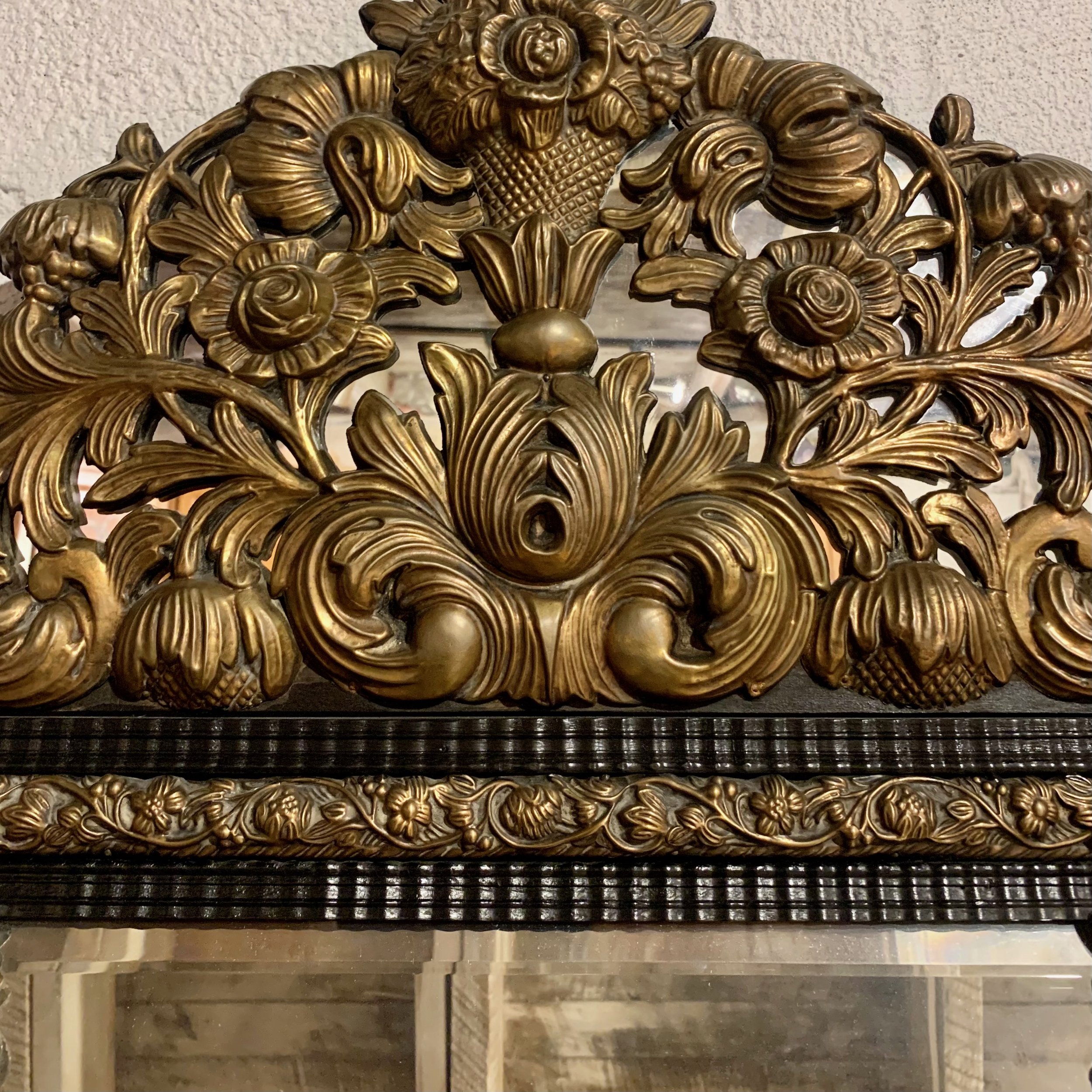 Large-Continental-Brass Repoussé-and-Ebonized-Crested-Cushion-Mirror (2)-top