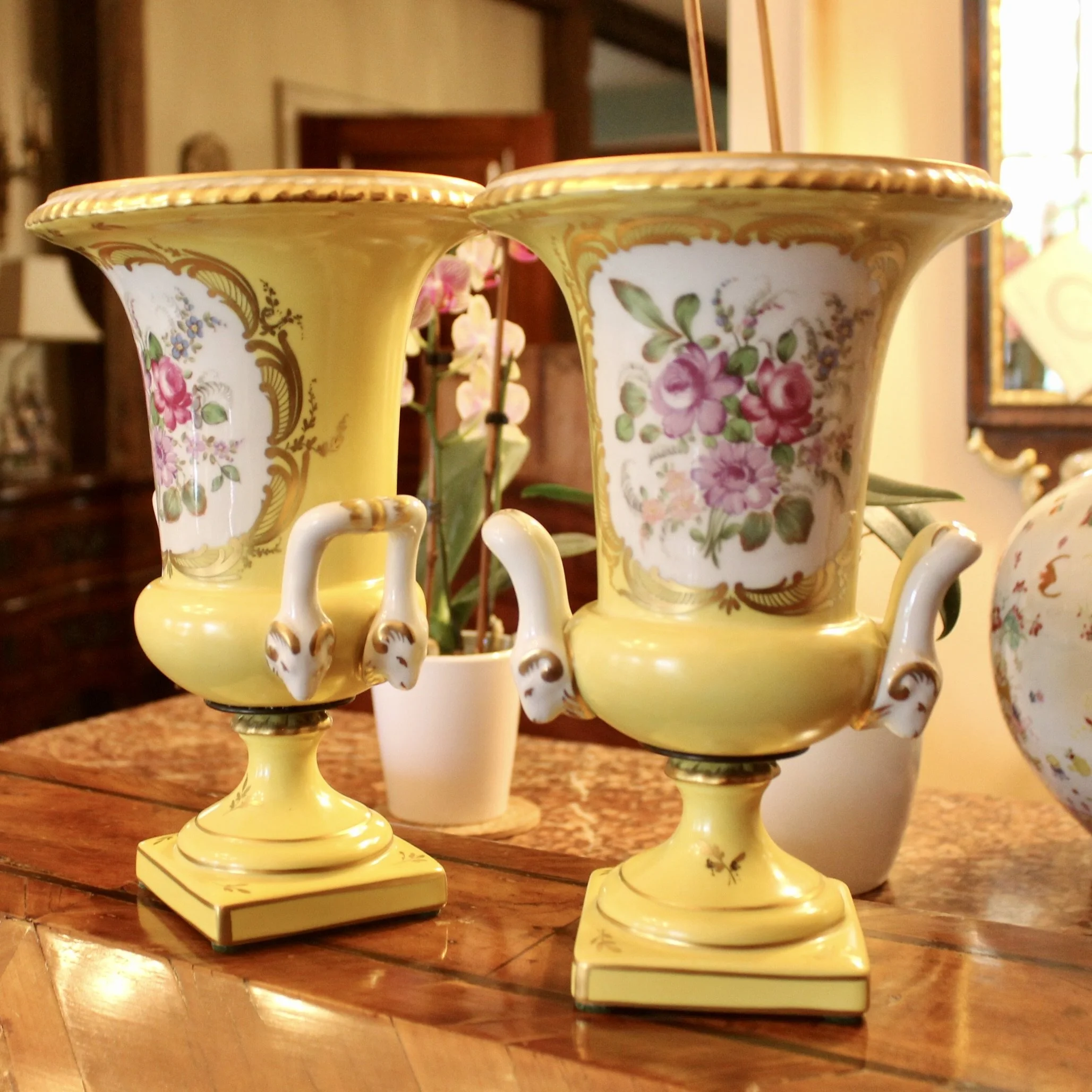 Pair of Paris Porcelain Yellow Glazed and Gilt Urn CACHEPOTS