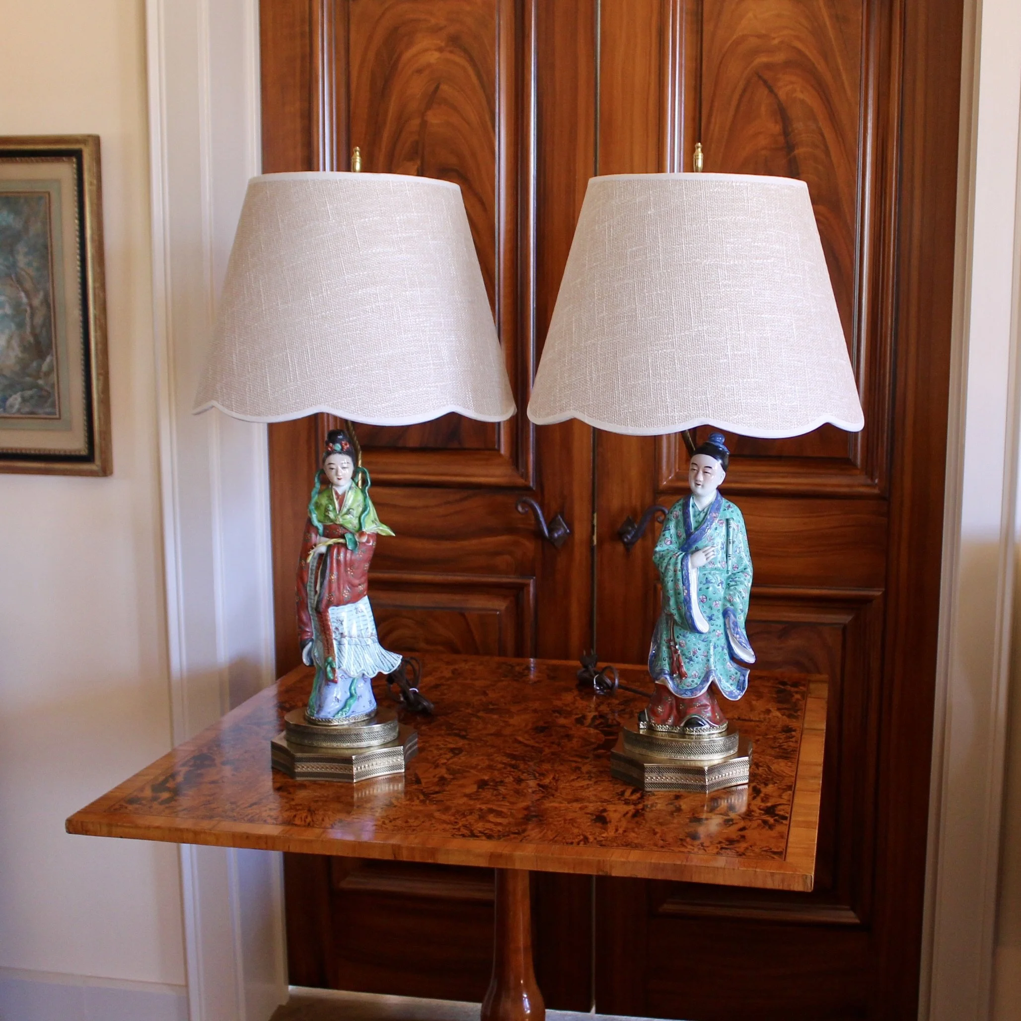 Antique Chinoiserie Porcelain Figure Lamps, Pair