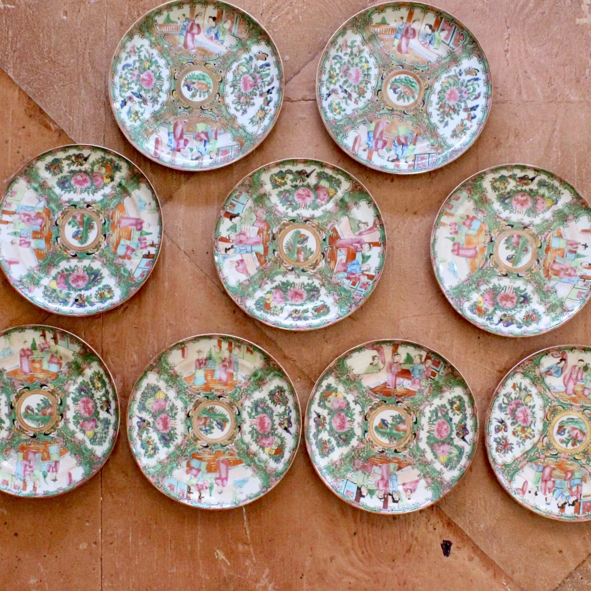Rose Medallion Porcelain Plates, antique, set of nine