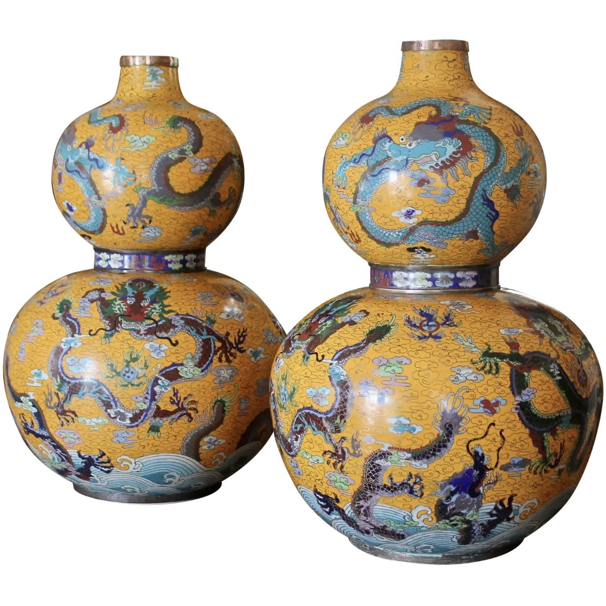 Pair of Yellow Chinese Cloisonné on Copper Double Gourd Vases