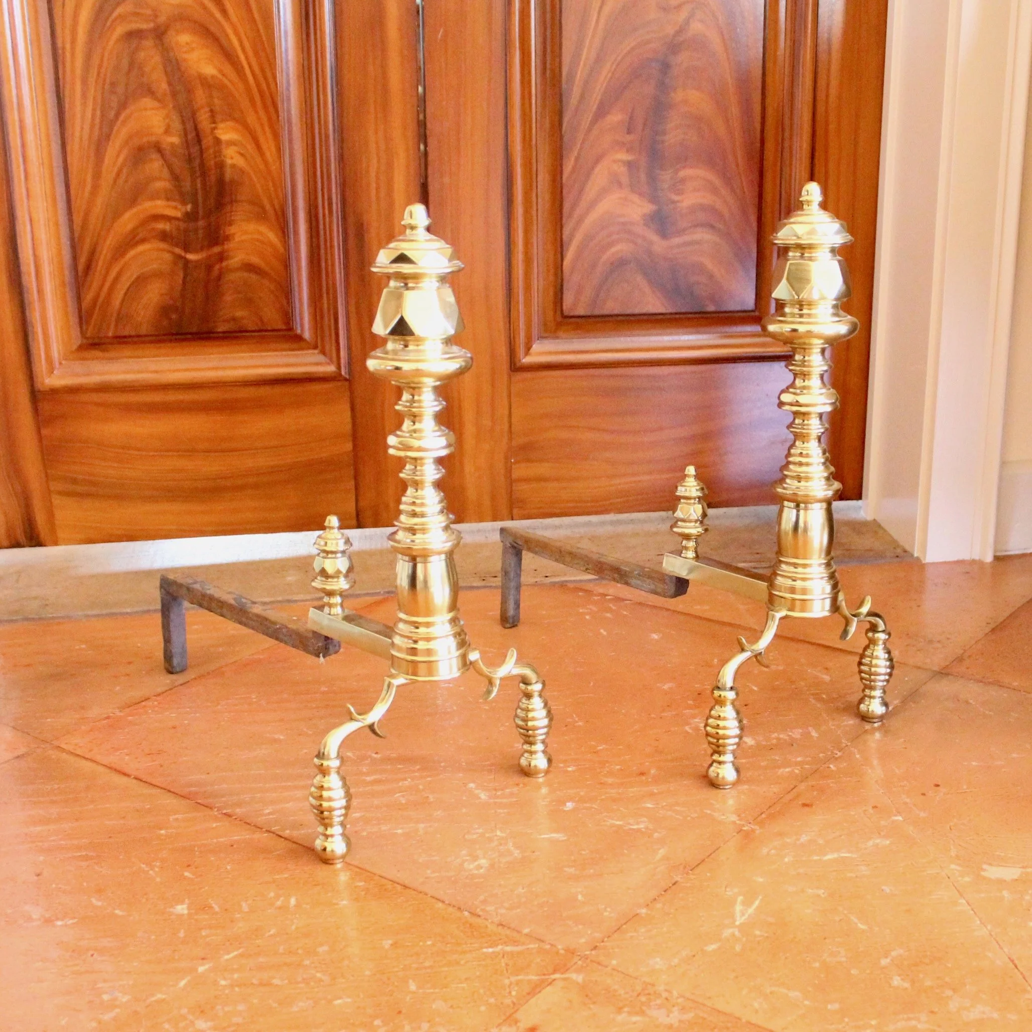 Pair-of-Antique-English-Turned-Brass-Andirons-“Beehive”-Feet (3)