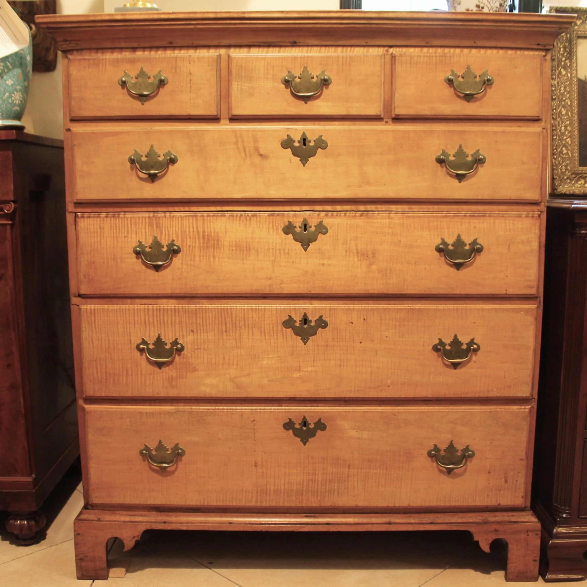 Pair Tall New England Tiger Maple Chippendale Chests of Drawers