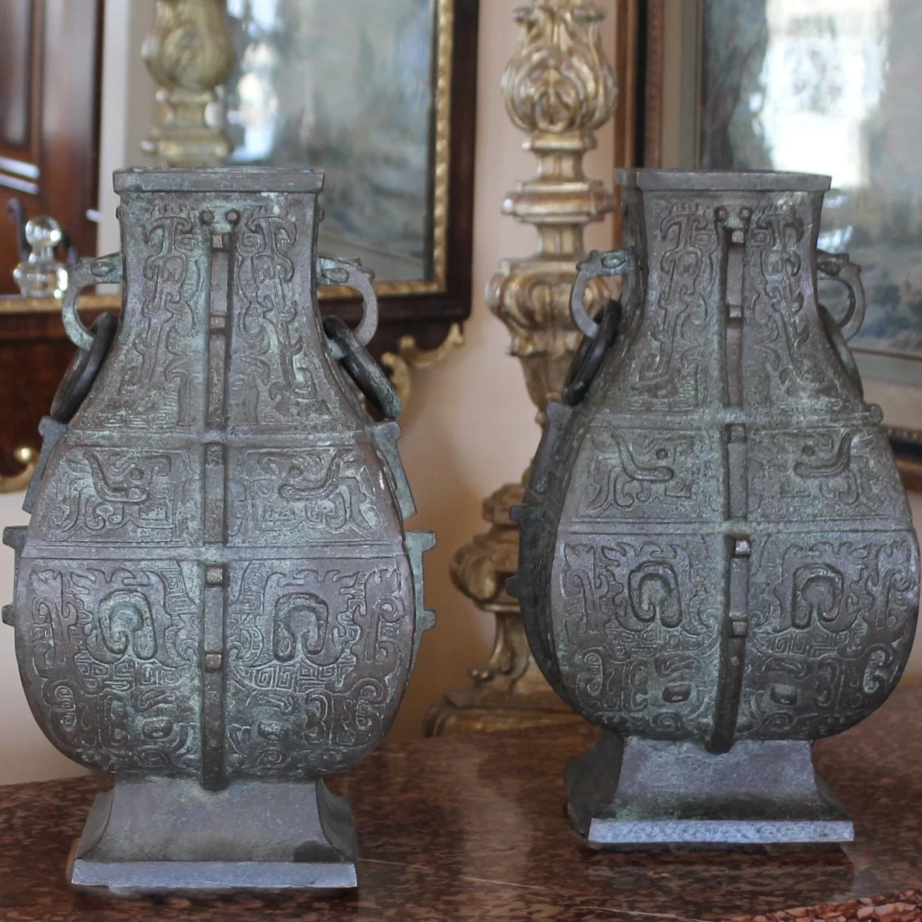 Pair of Chinese Bronze Archaic Style Urns