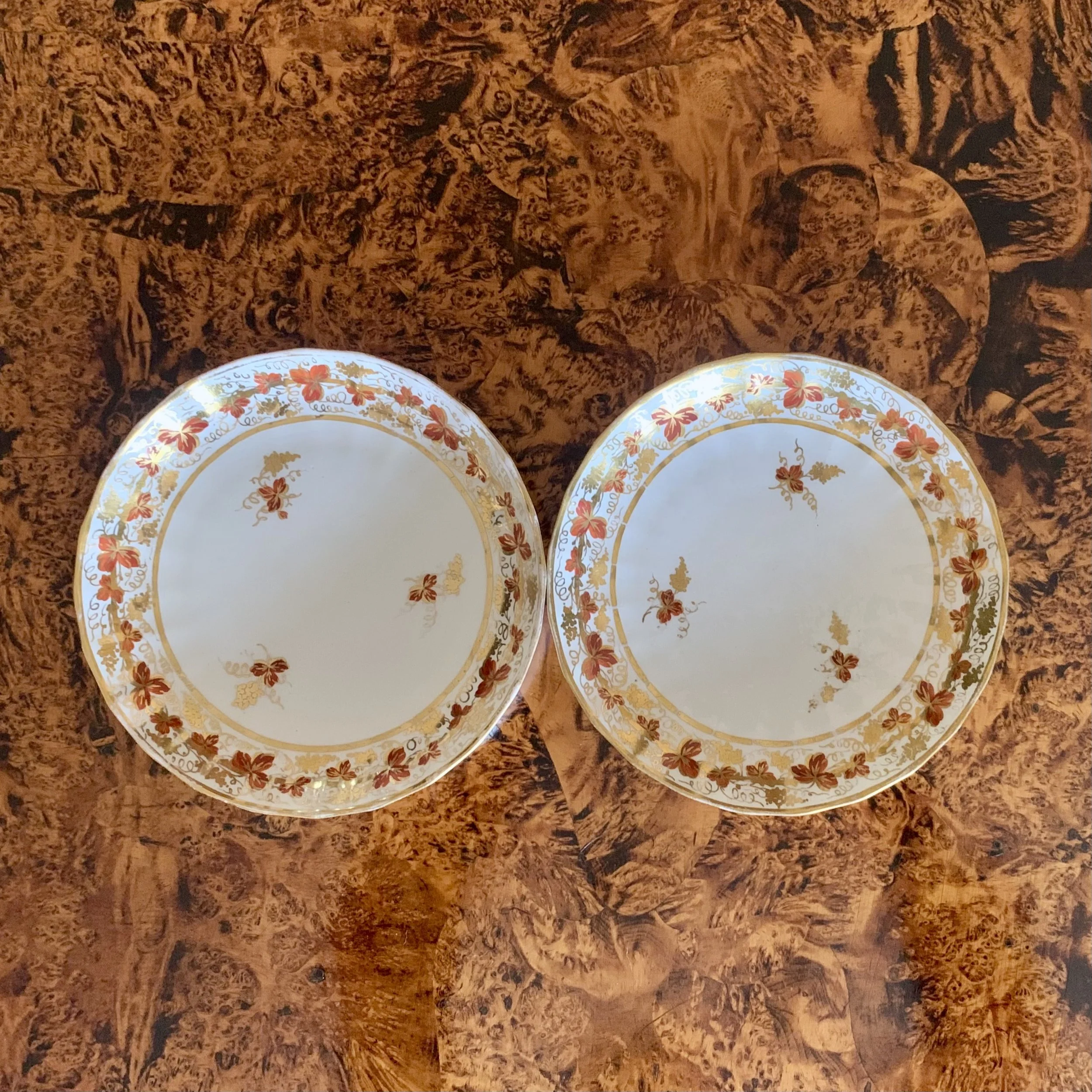 Pair English Derby orange gilt Grape Vine Porcelain Plates