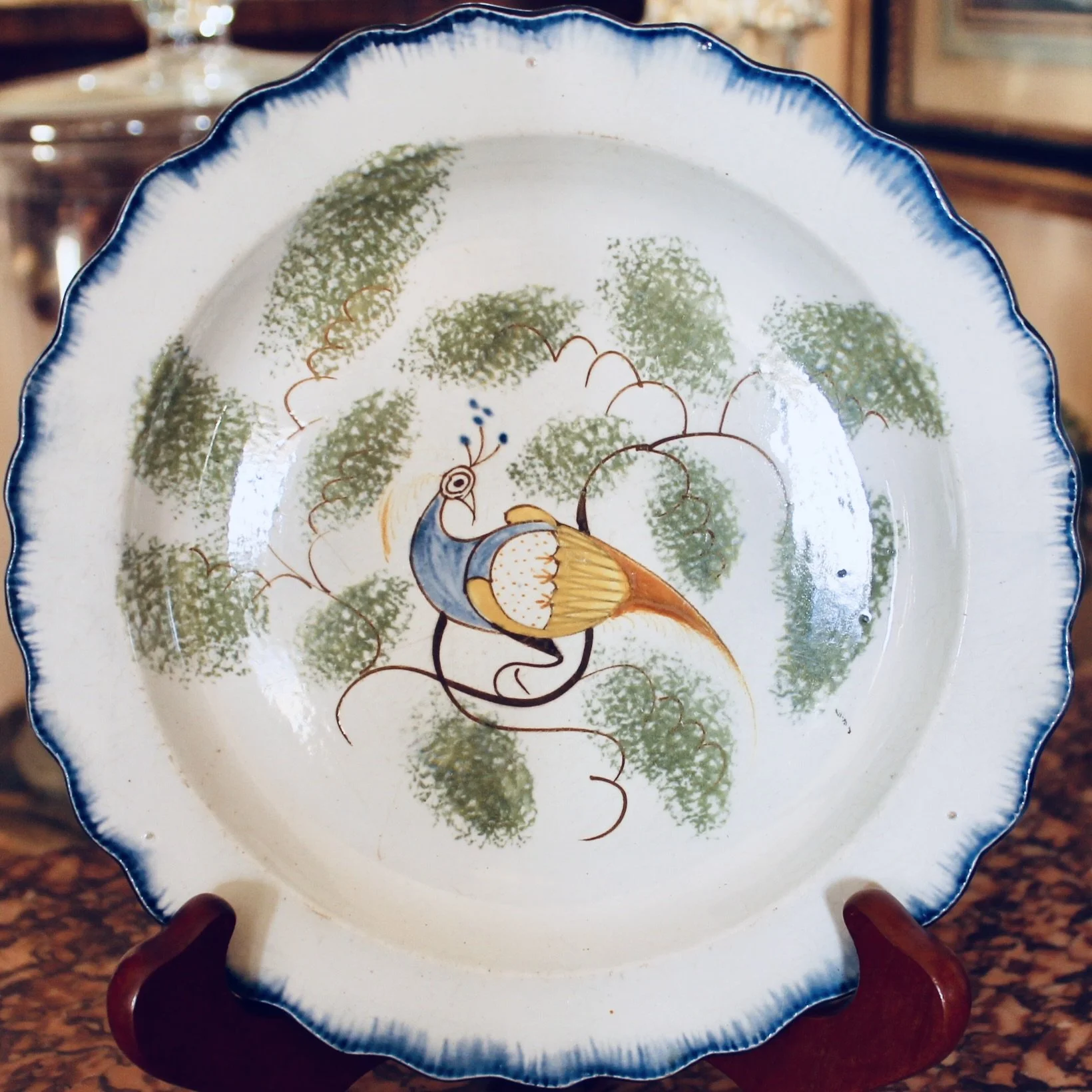 English Delftware Peacock and Spongeware Plate