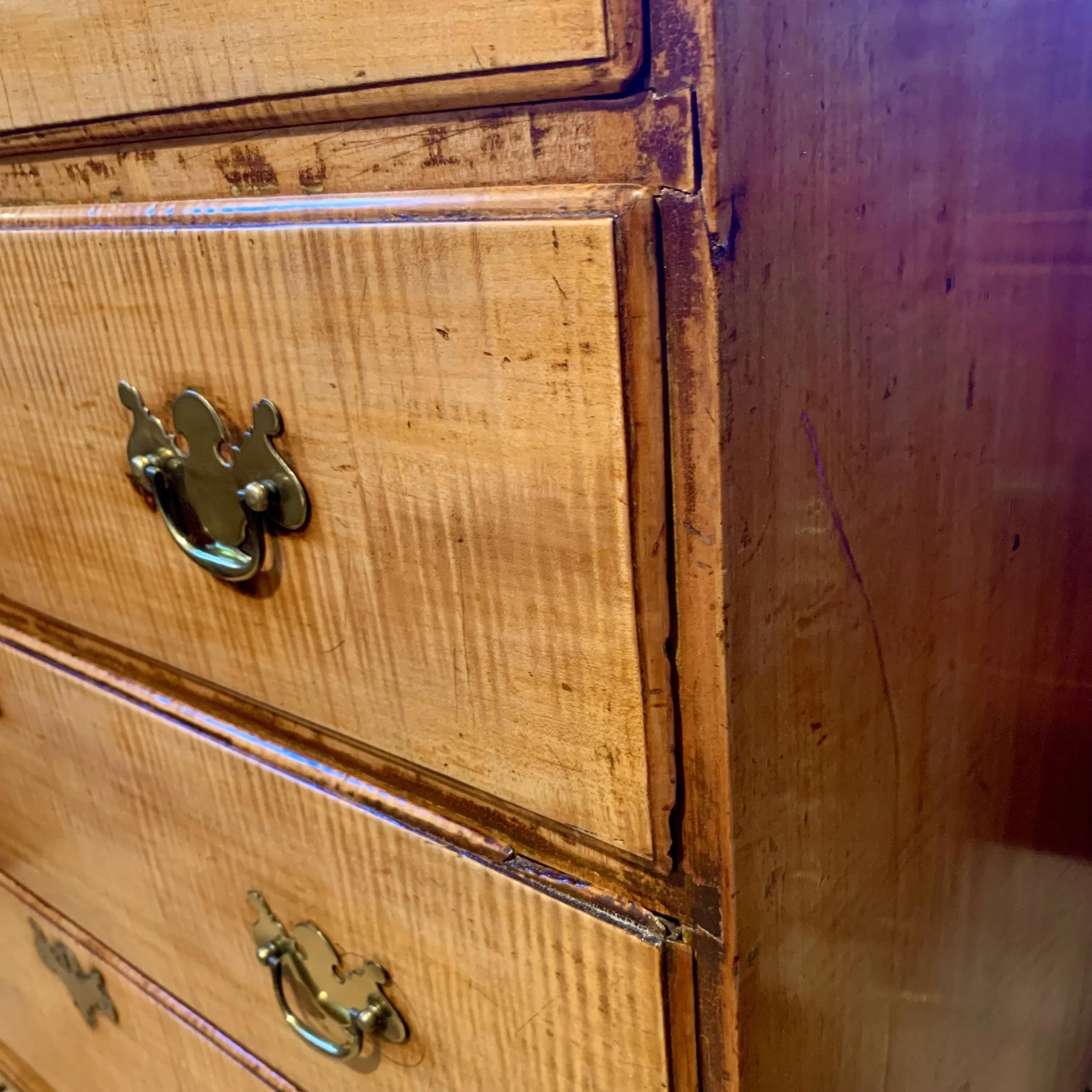 Pair Tall New England Tiger Maple Chippendale Chests of Drawers