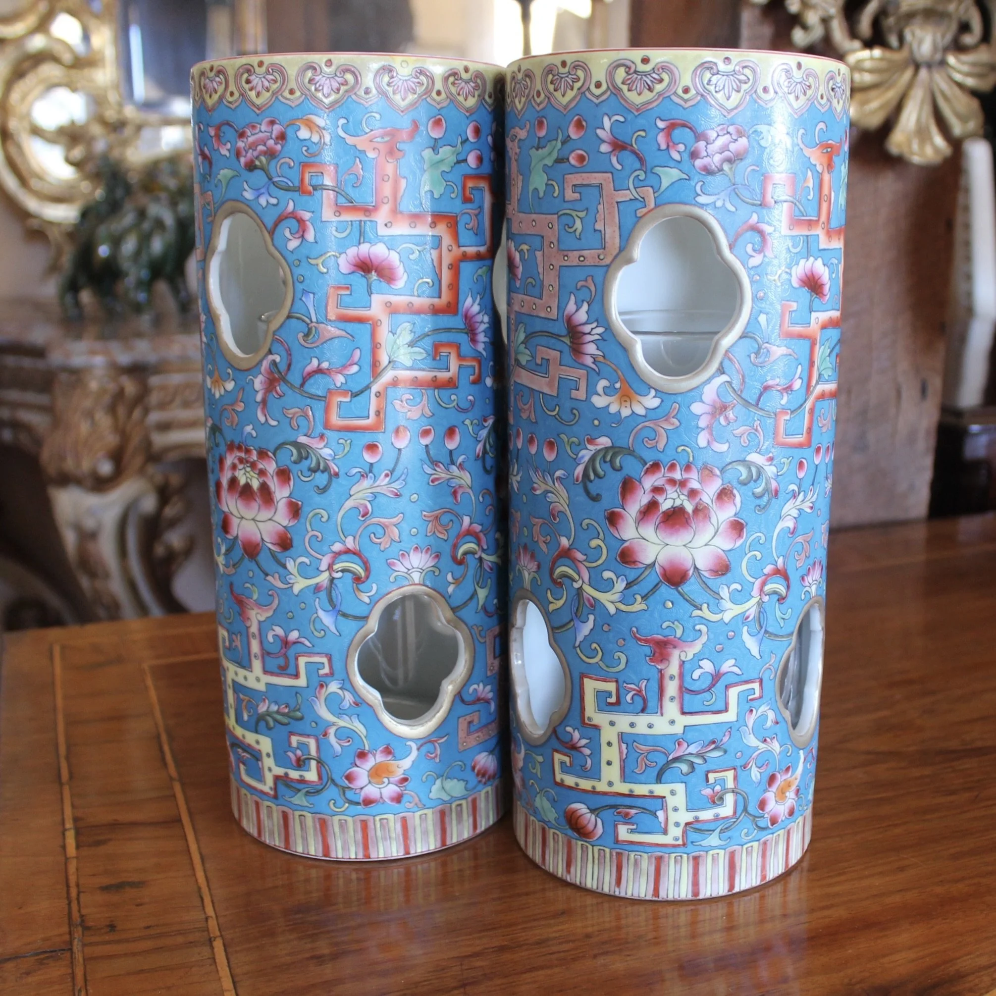 Pair of Cerulean Blue Chinese Porcelain Hat Stand / Wig Stand Vases