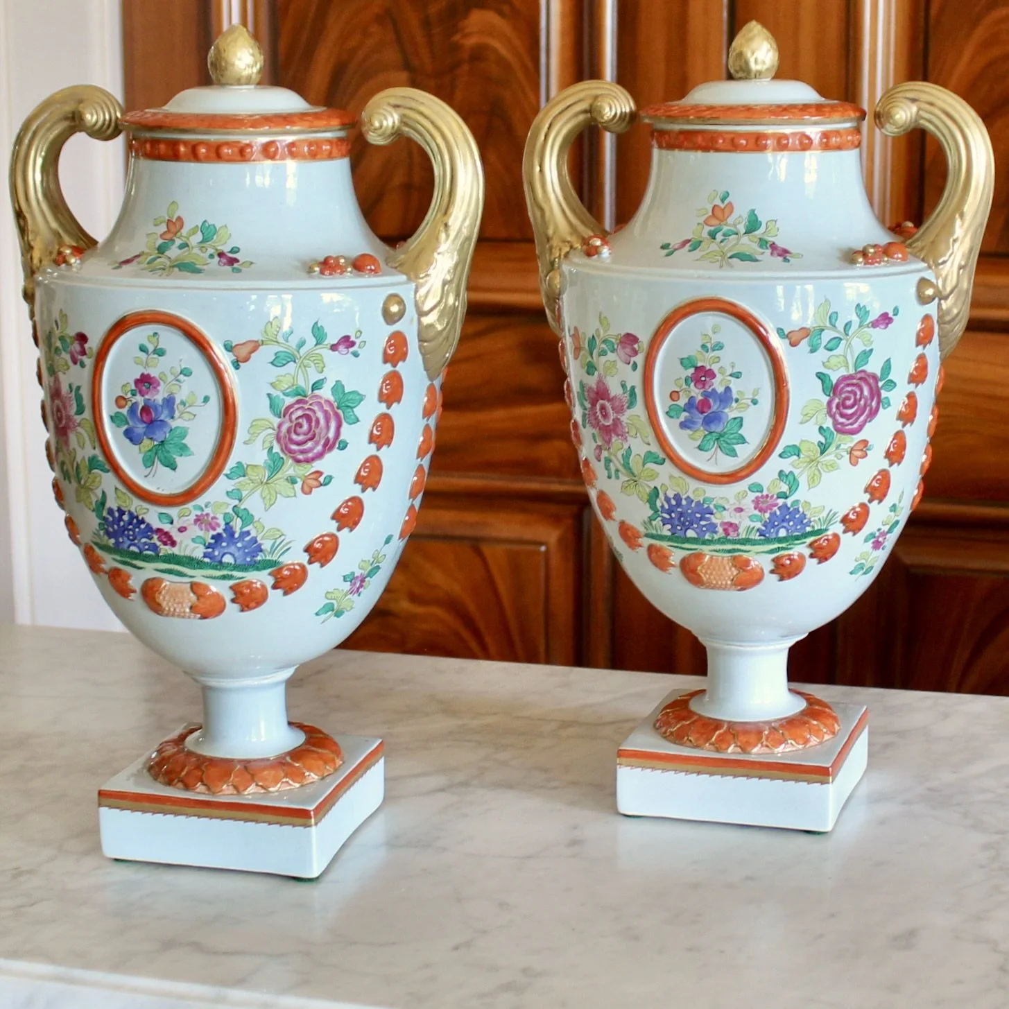 Pair of Large Italian Porcelain Chinese Export Style Covered Jars